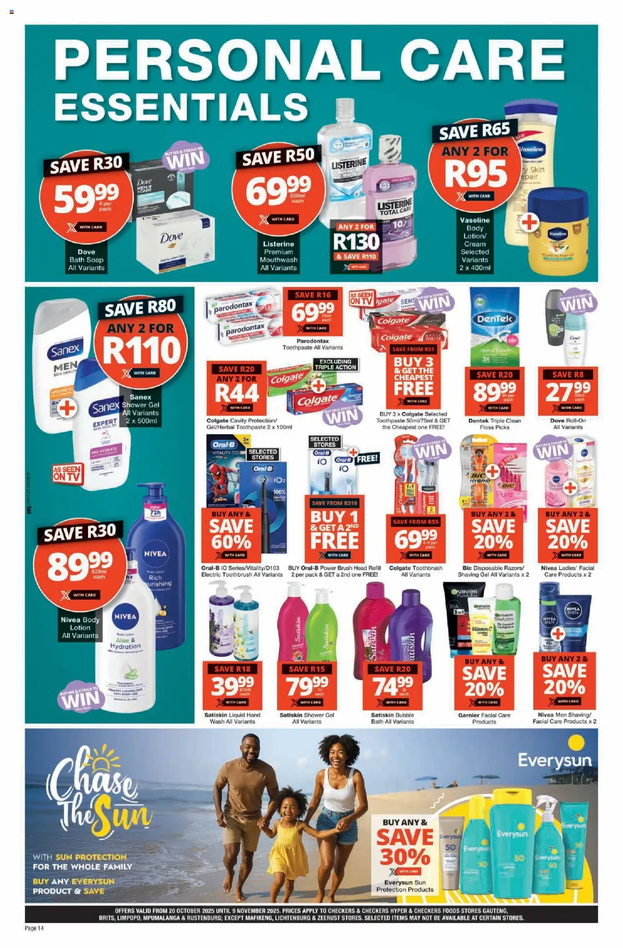 New Checkers catalogue – valid from 20.10.2025 | Page: 14 | Products: Electric toothbrush, Soap, Shower gel, Mouthwash