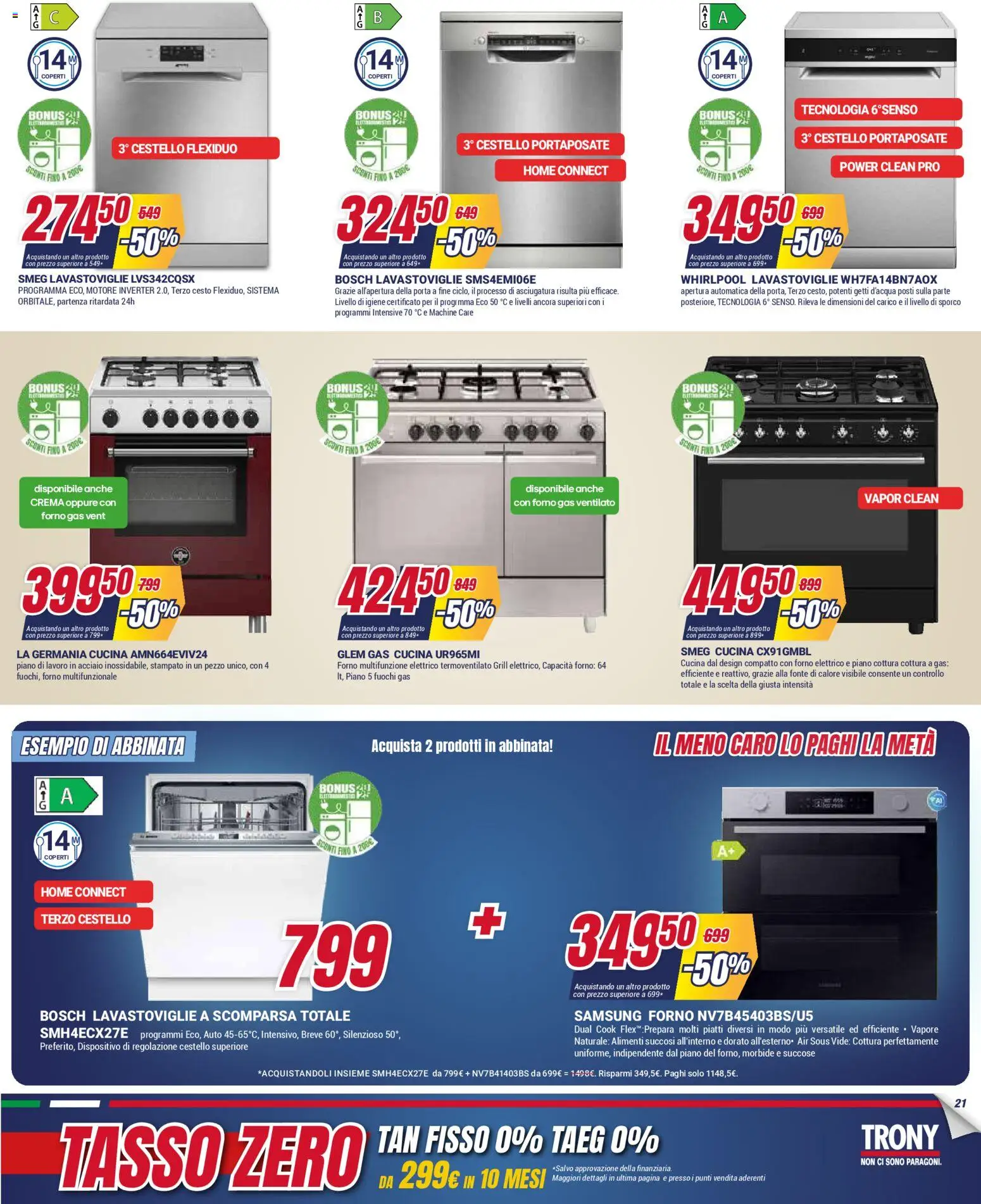 Volantino Trony del 04.12.2025 | Pagina: 21 | Prodotti: Crema, Piano cottura, Lavastoviglie, Forno elettrico
