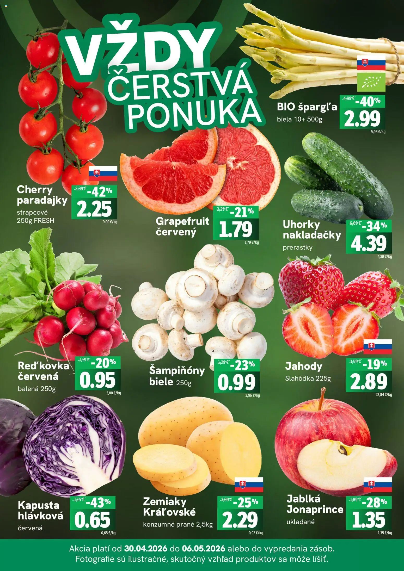 Nové Fresh akcie – leták je platný od 30.04.2026 | Strana: 3 | Produkty: Paradajky, Grapefruit, Špargľa, Uhorky