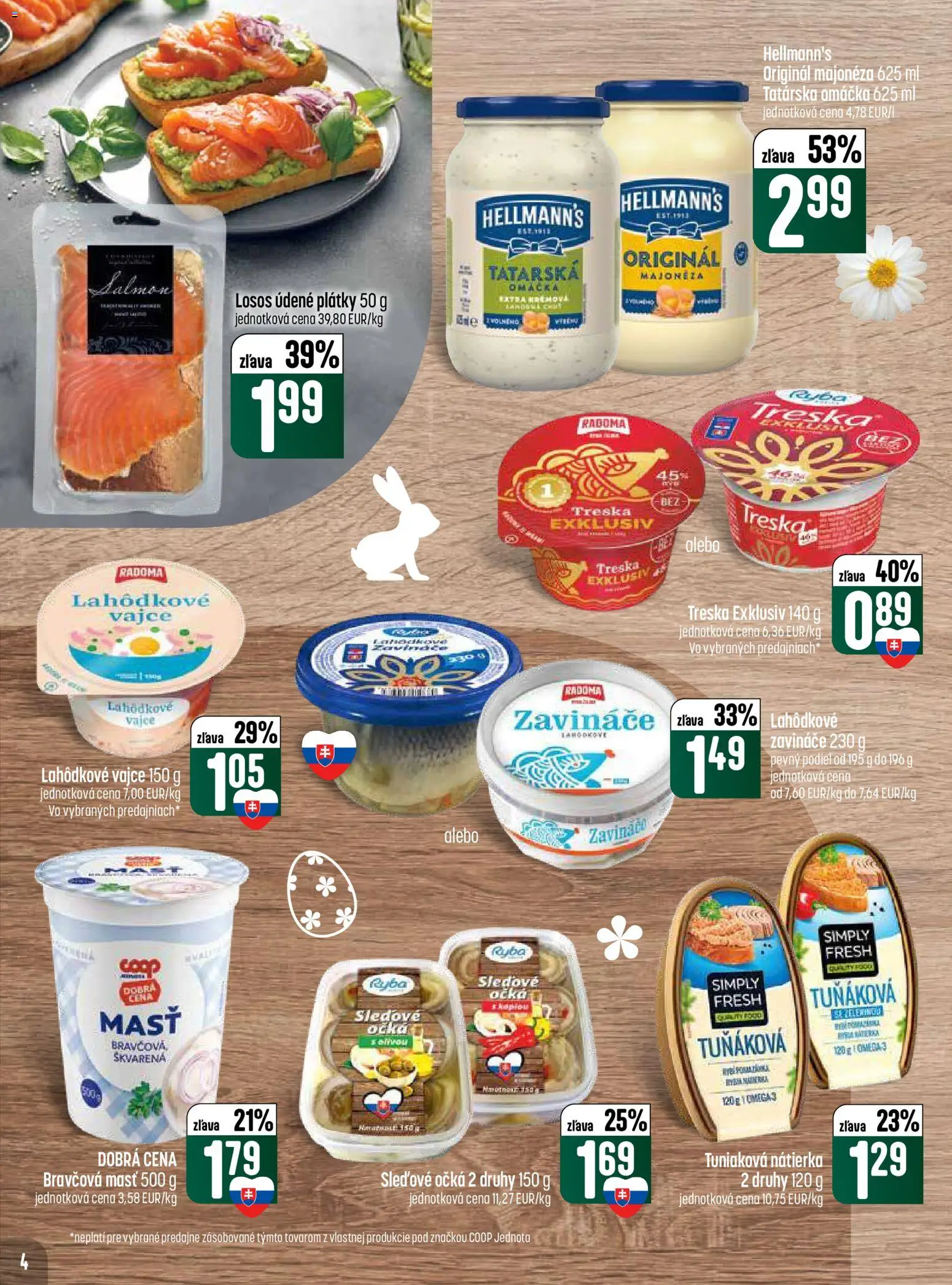 Nové COOP Jednota akcie – leták je platný od 26.03.2026 | Strana: 4 | Produkty: Ryba, Losos, Tatárska omáčka, Omáčka