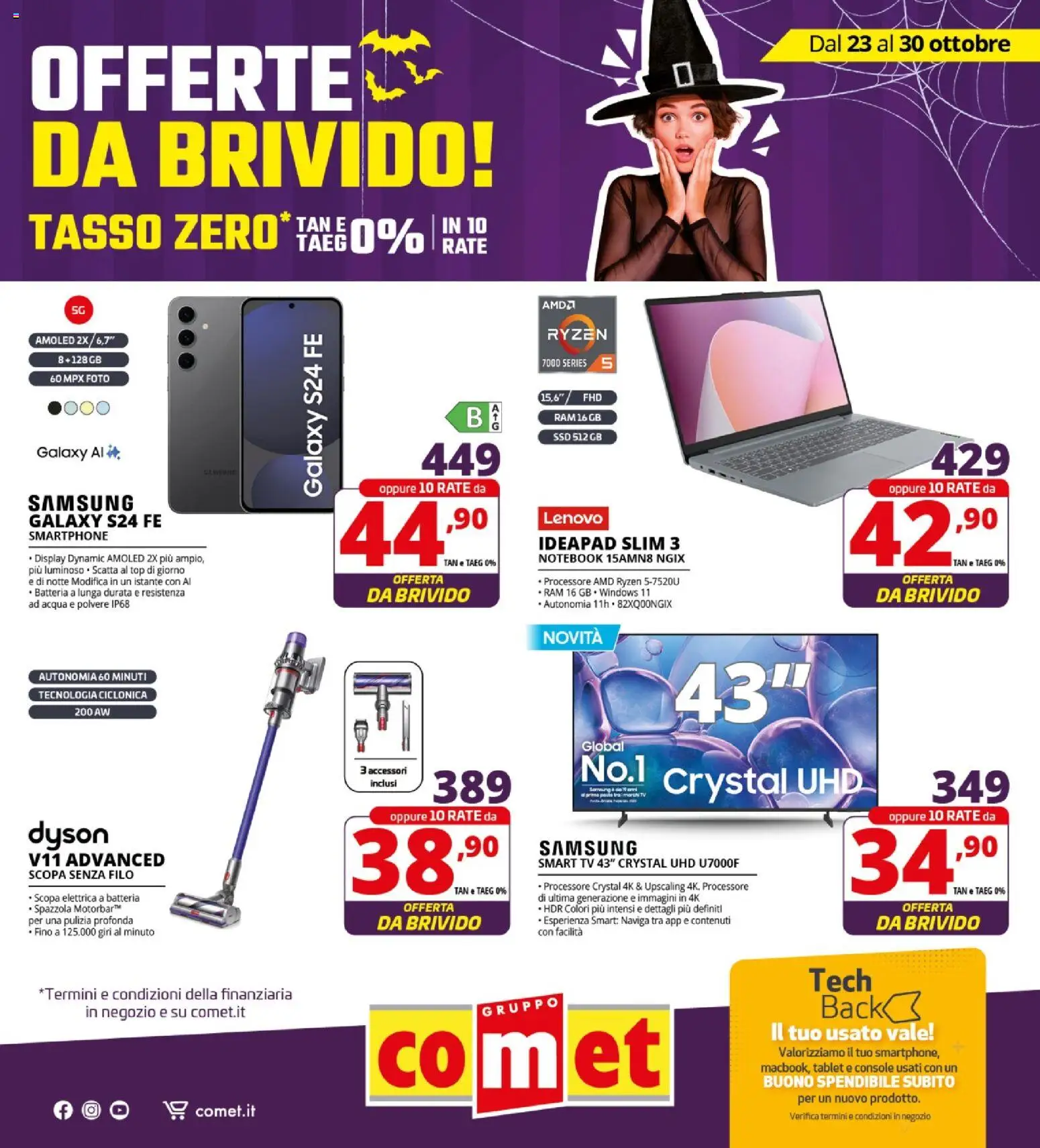 Volantino Comet del 23.10.2025 | Pagina: 1 | Prodotti: Scopa elettrica, TV, Batteria, Samsung