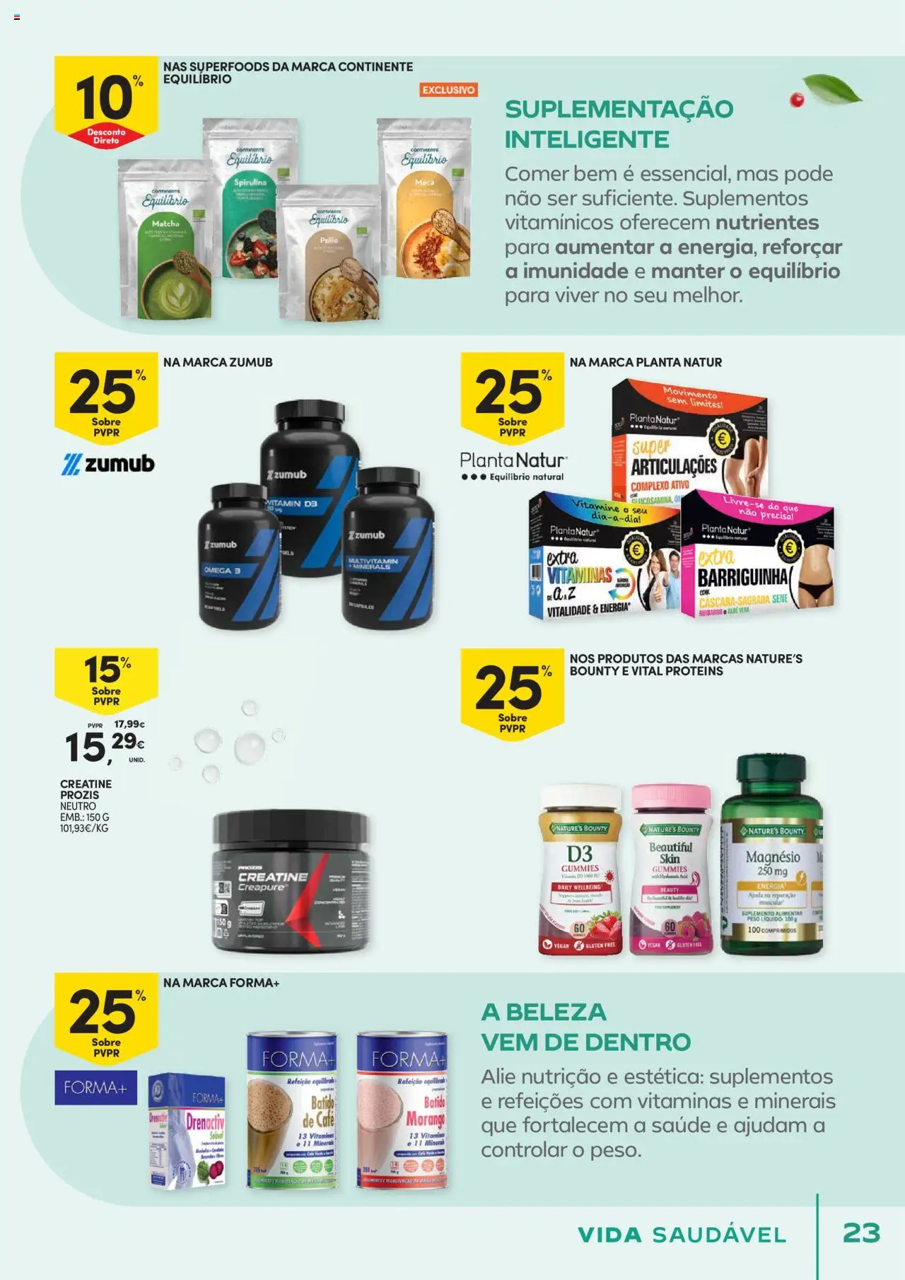 Continente - Vida Saudável: É de quem quer comer bem sem ginástica na carteira │ válido de 21.10.2025 | Página: 23 | Produtos: Ômega 3, Matcha, Café, Maça