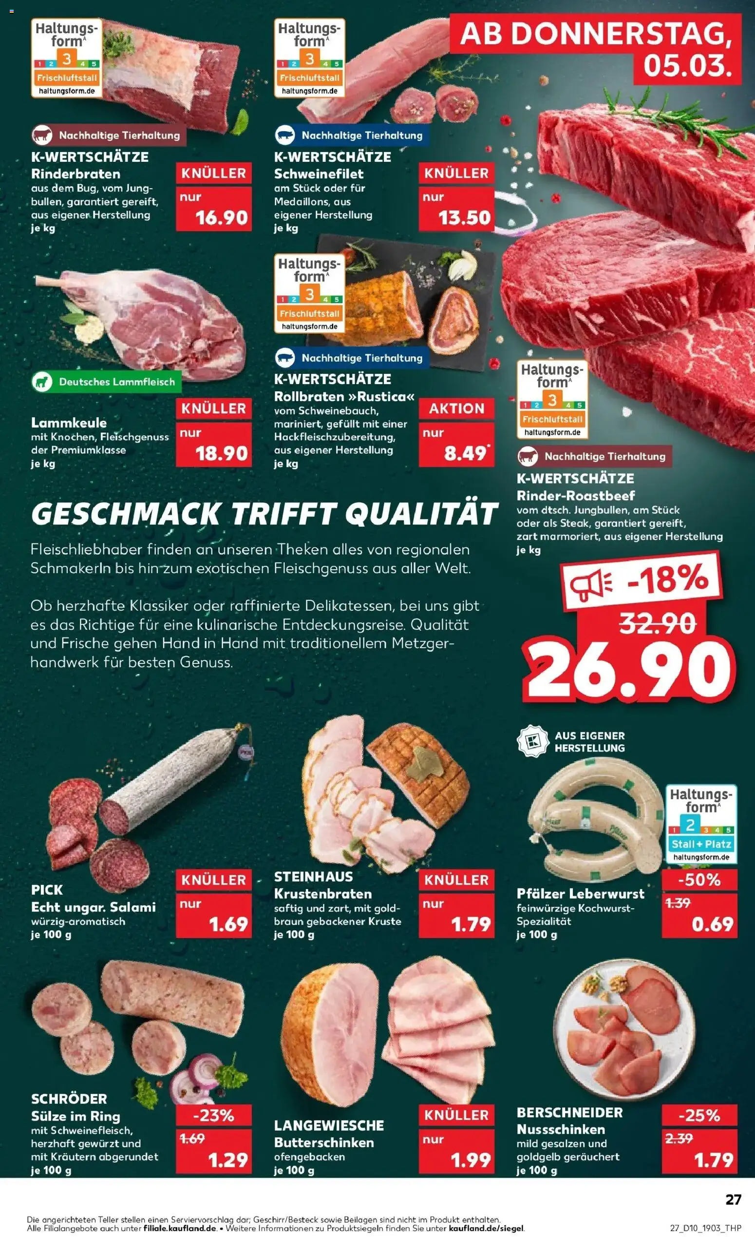 Kaufland Prospekt Pirmasens	 – gültig ab 05.03.2026 | Seite: 27 | Produkte: Rinderbraten, Krustenbraten, Schweinefilet, Salami