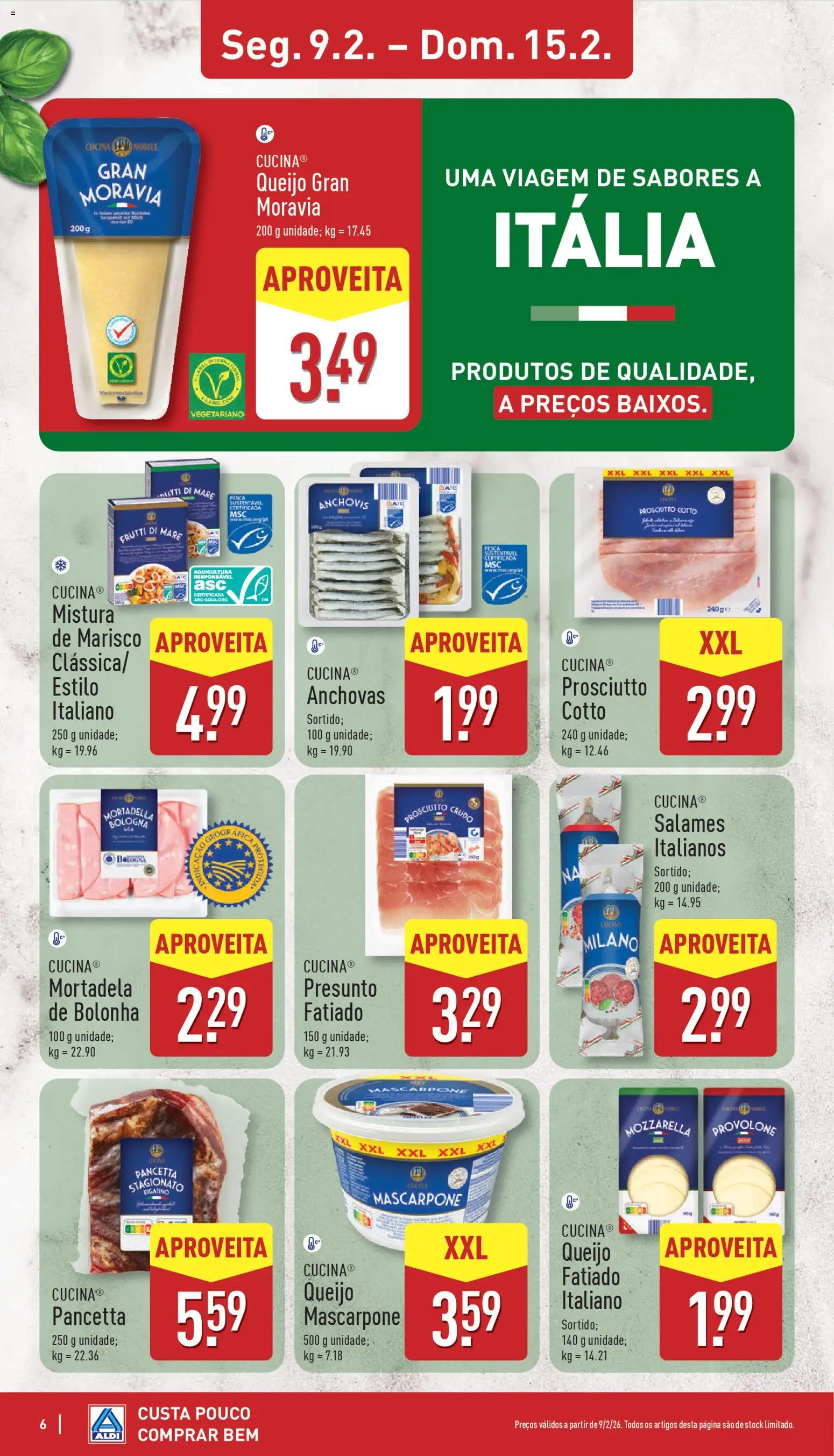 Aldi folheto │ válido de 09.02.2026 | Página: 6 | Produtos: Mortadela, Queijo, Presunto, Mascarpone