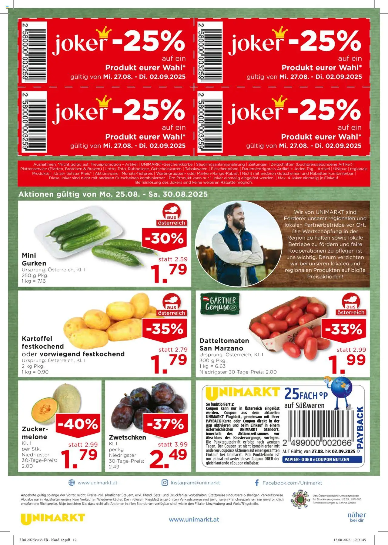 Unimarkt Ost gültig ab 27.08.2025 | Seite: 12 | Produkte: Gurken, Gemüse, Zucker, Melone