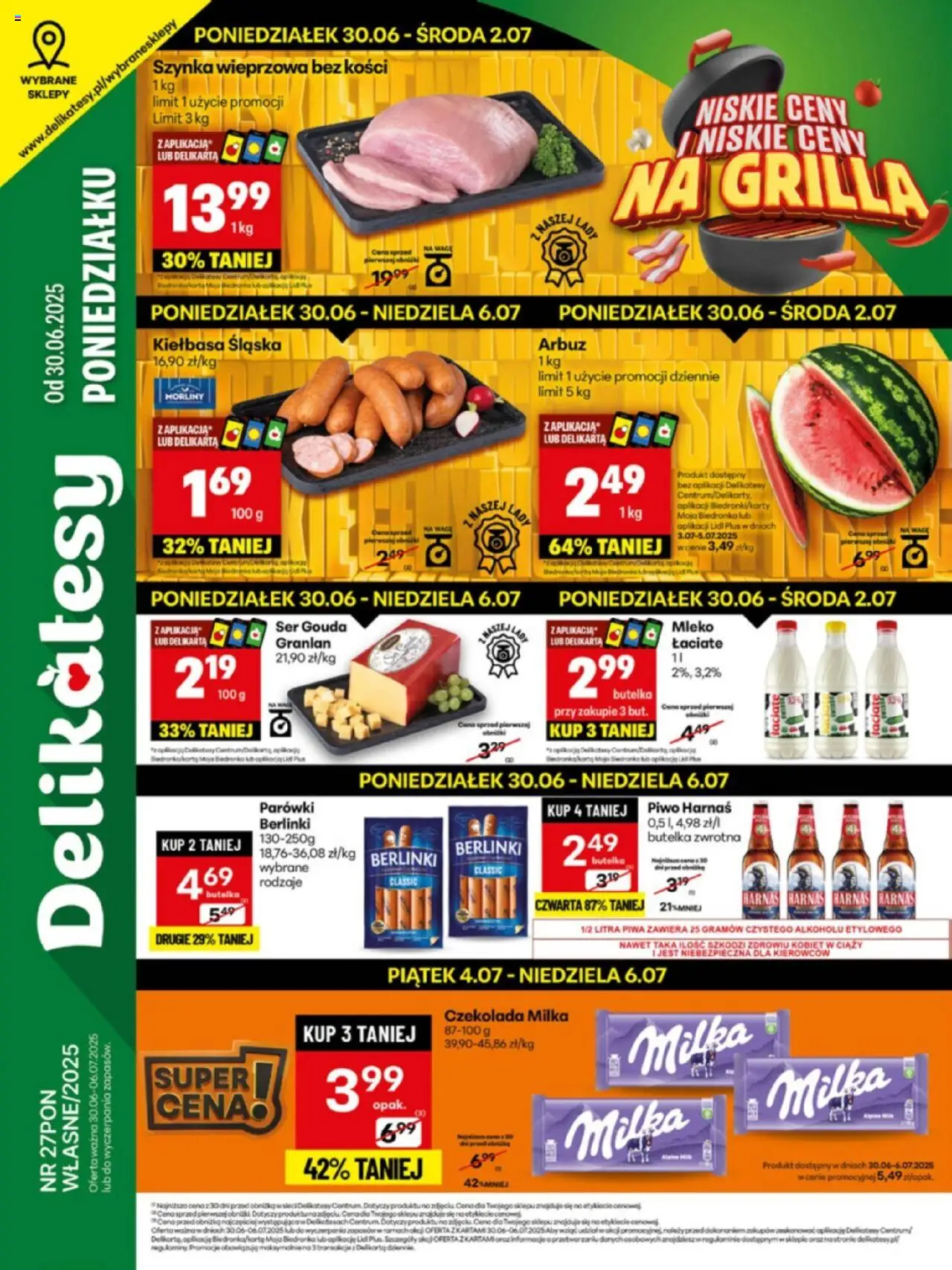 Delikatesy Centrum Gazetka - Sklepy Własne od 30.06.2025 | Strona: 1 | Produkty: Karta, Parówki berlinki, Szynka wieprzowa, Milka