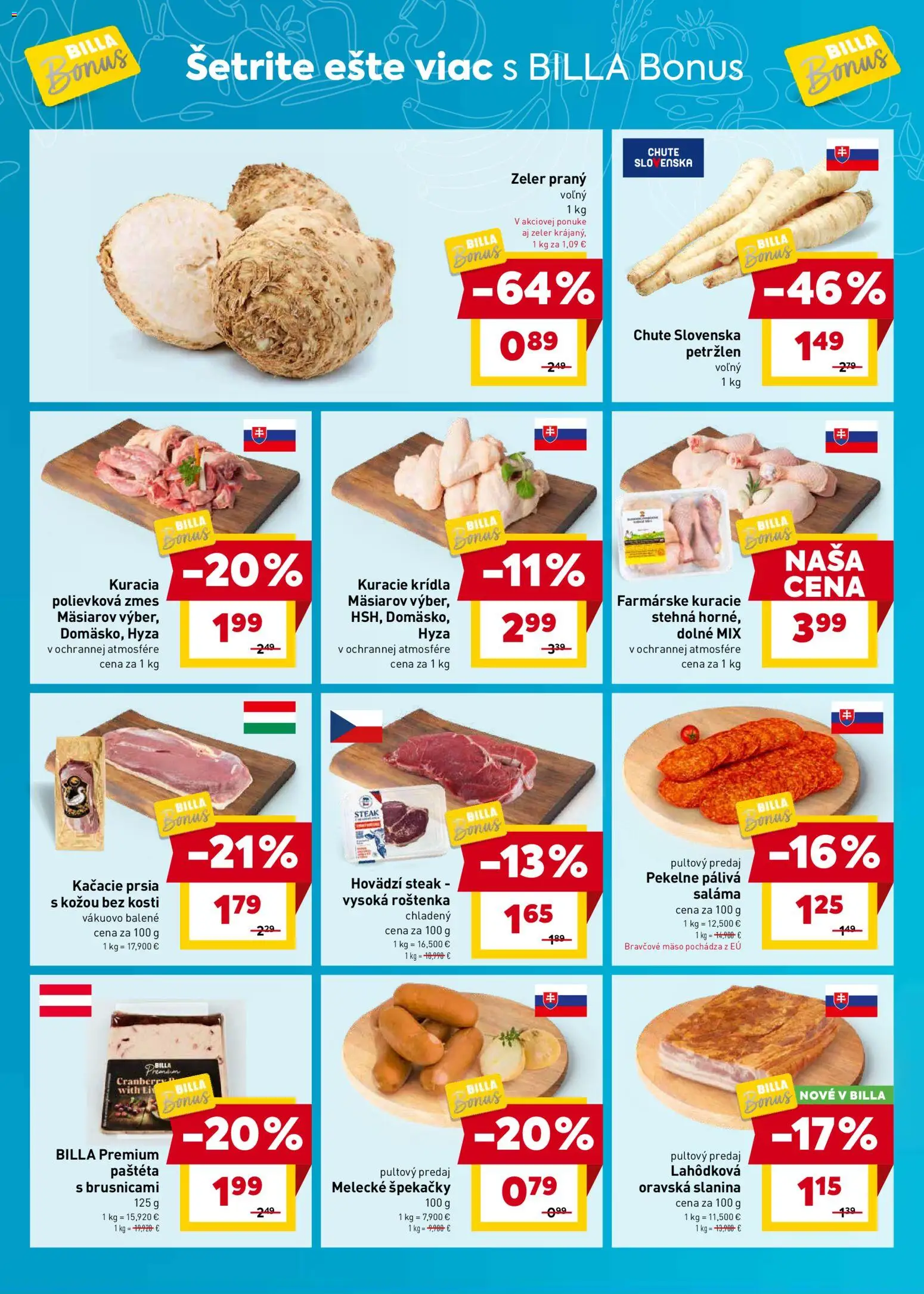 Nové Billa akcie – leták je platný od 14.01.2026 | Strana: 2 | Produkty: Kačacie prsia, Slanina, Kuracie krídla, Zeler