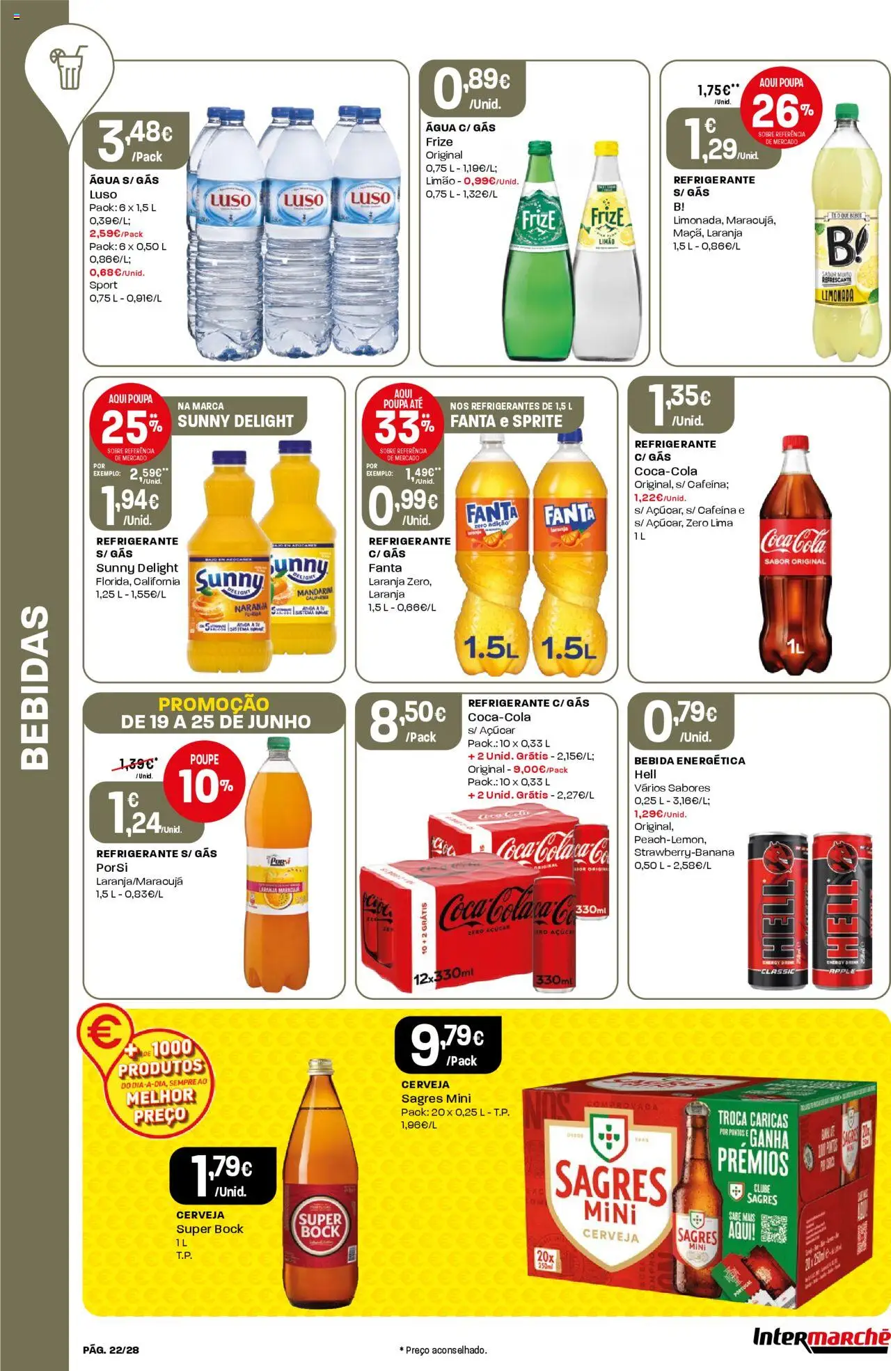 Intermarché folheto │ válido de 19.06.2025 | Página: 22 | Produtos: Agua, Fanta, Cerveja, Açúcar