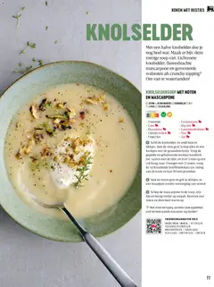 KNOLSELDERSOEP MET NOTEN EN MASCARPONE, Romige soep van lichtzoete knolselder, fluweelzachte mascarpone en geroosterde walnoten. - Voorbeeld van een folder van Delhaize, geldig van 23.01.2026 | Pagina: 77 | Producten: Koktelcseresznye, Noten, Knoflook, Schep