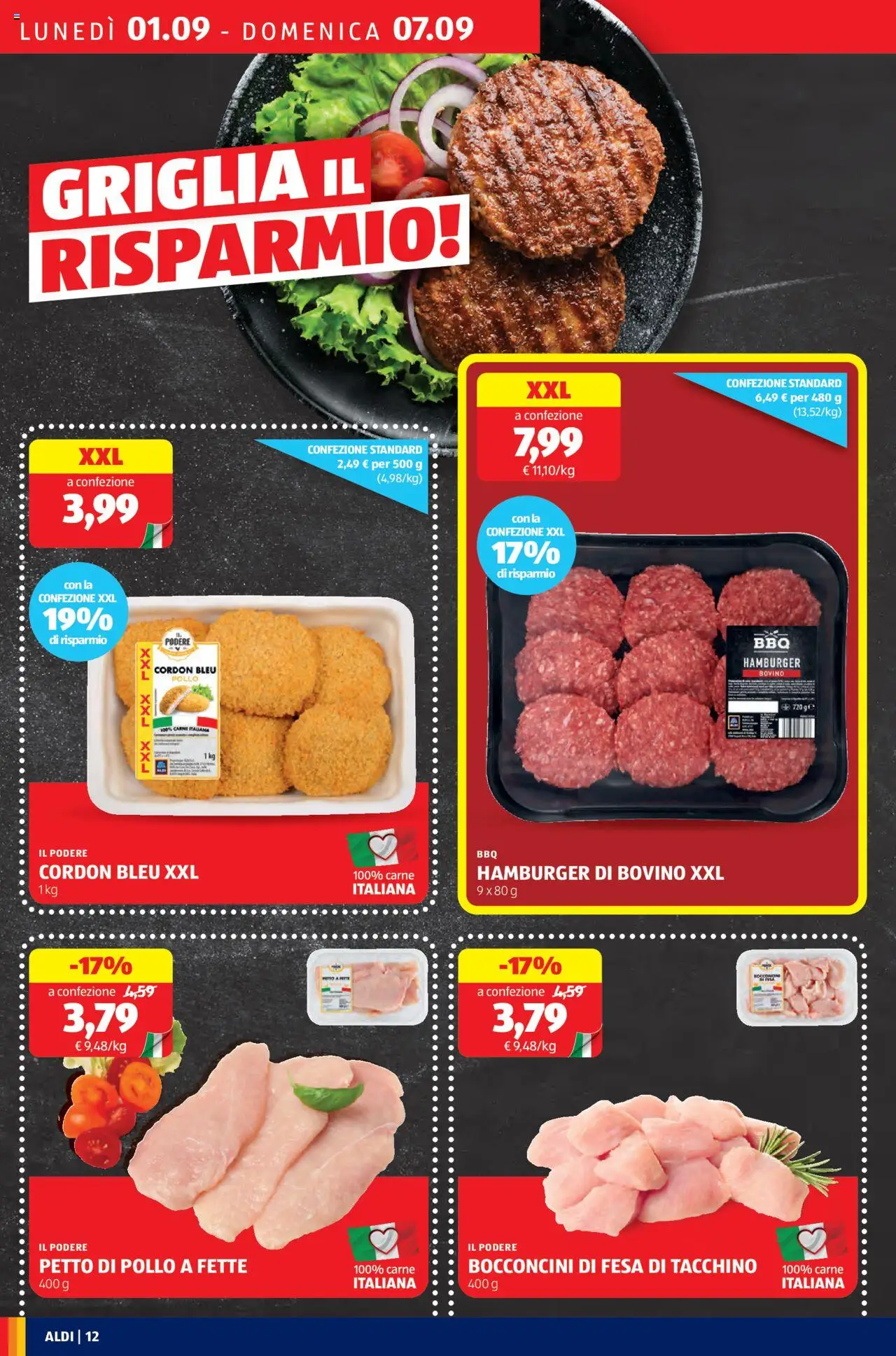 Volantino Aldi del 01.09.2025 | Pagina: 12 | Prodotti: Bovino, Pollo, Tacchino, Griglia