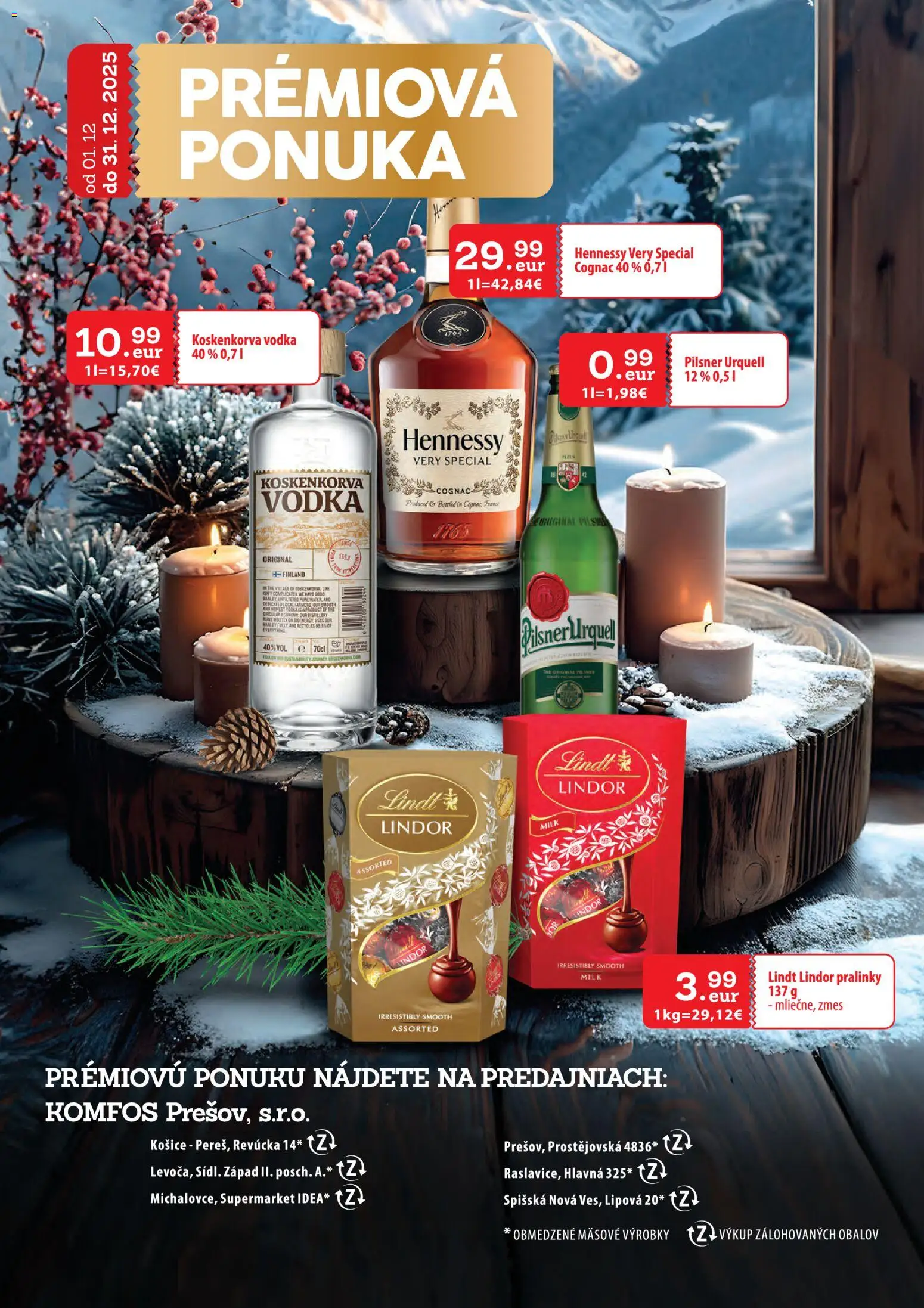 Nové CBA Komfos akcie – leták je platný od 01.12.2025 | Strana: 27 | Produkty: Lindor, Lindt, Vodka, Hennessy