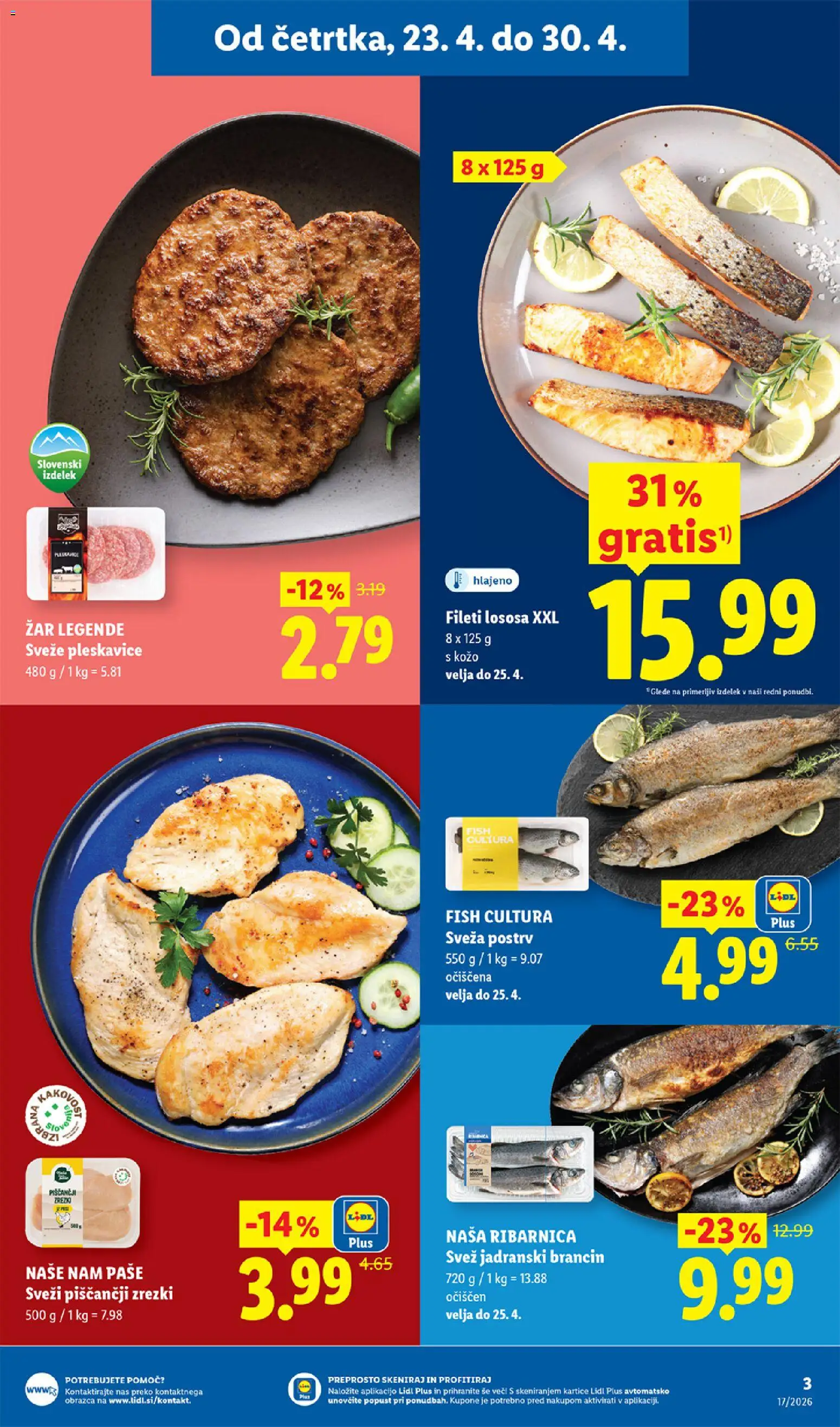 Novi Lidl katalog ponudbe – veljaven od 23.04.2026 | Stran: 3 | Izdelki: Zar, Postrv, Pleskavice, Zrezki