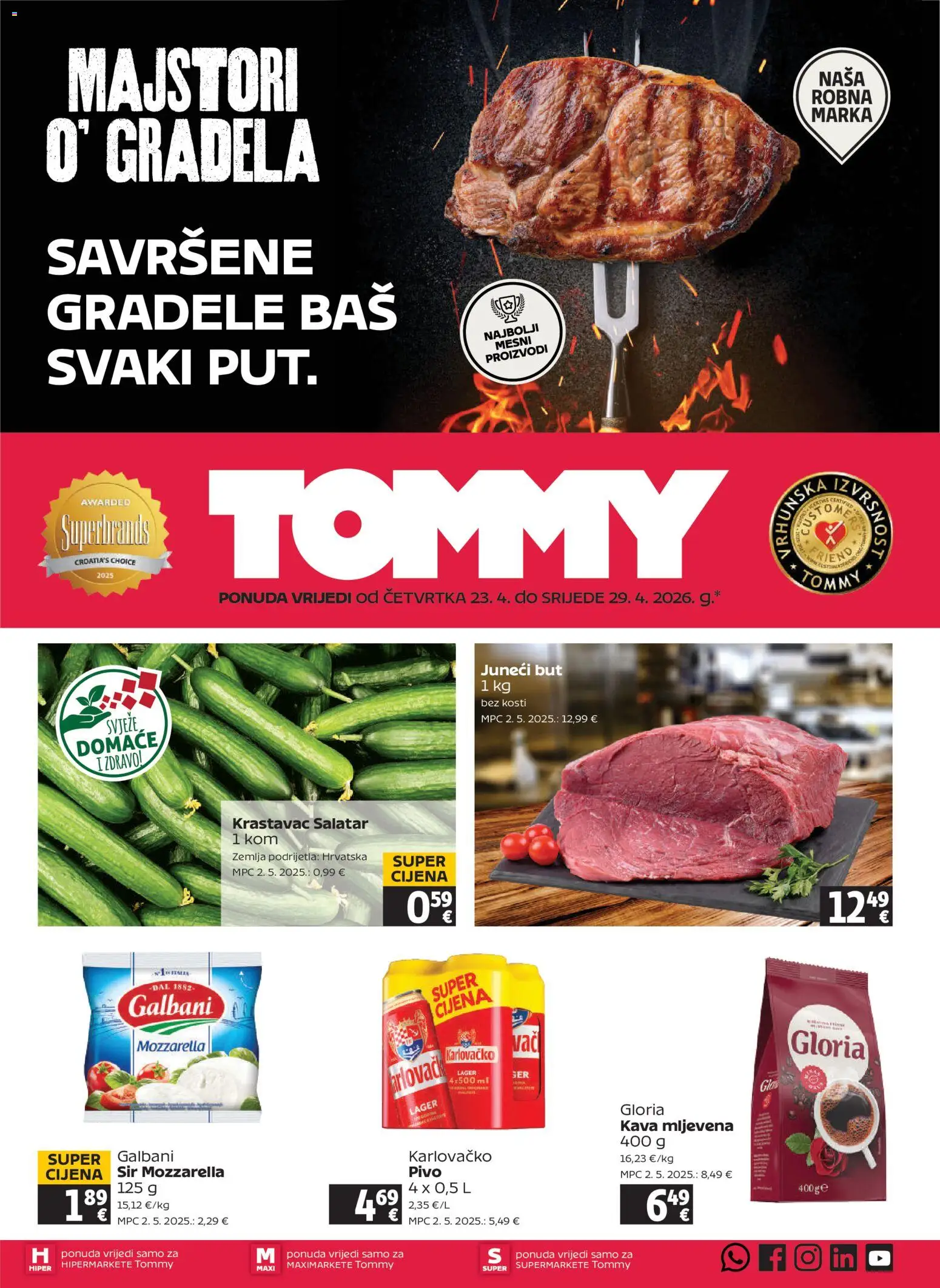 Tommy katalog | vrijedi od 23.04.2026 | Stranica: 1 | Proizvodi: Juneći but, Sir, Kava, Pivo
