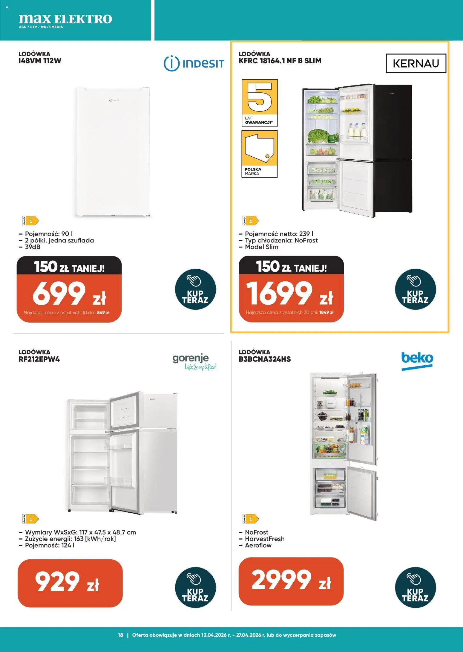 Max elektro gazetka od 13.04.2026 | Strona: 18 | Produkty: Lodówka