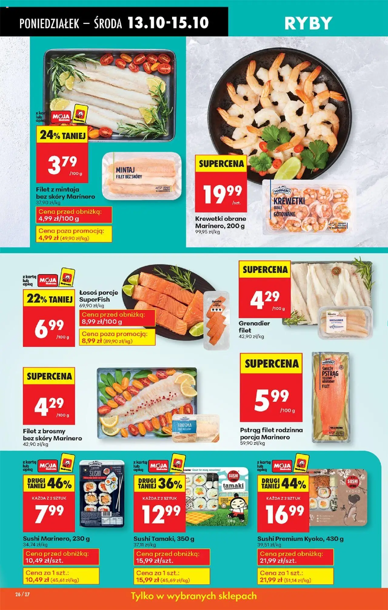 Biedronka gazetka od 13.10.2025 | Strona: 32 | Produkty: Krewetki obrane, Pstrąg tęczowy, Pstrąg, Ryby