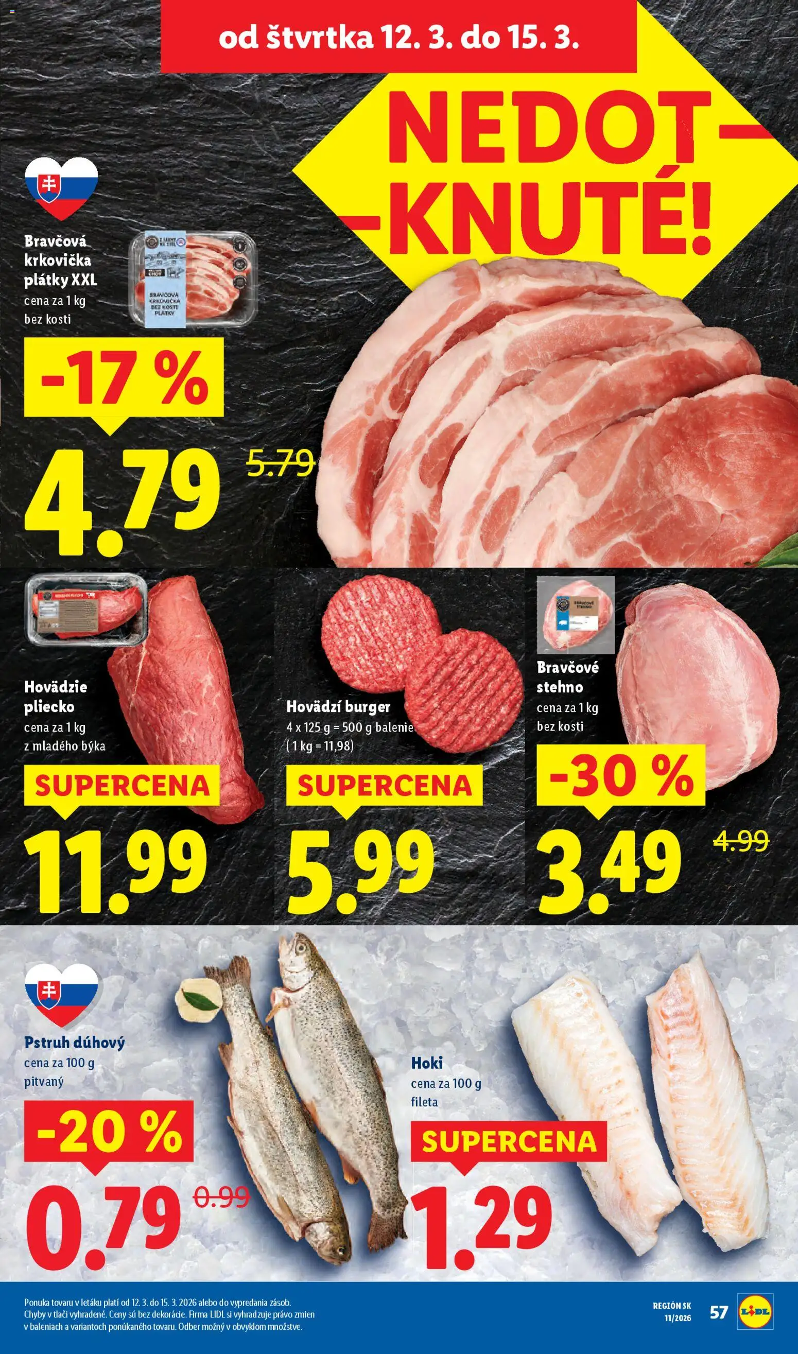 Nové Lidl akcie – leták je platný od 09.03.2026 | Strana: 57 | Produkty: Bravčová krkovička, Pstruh, Bravčové stehno, Krkovička