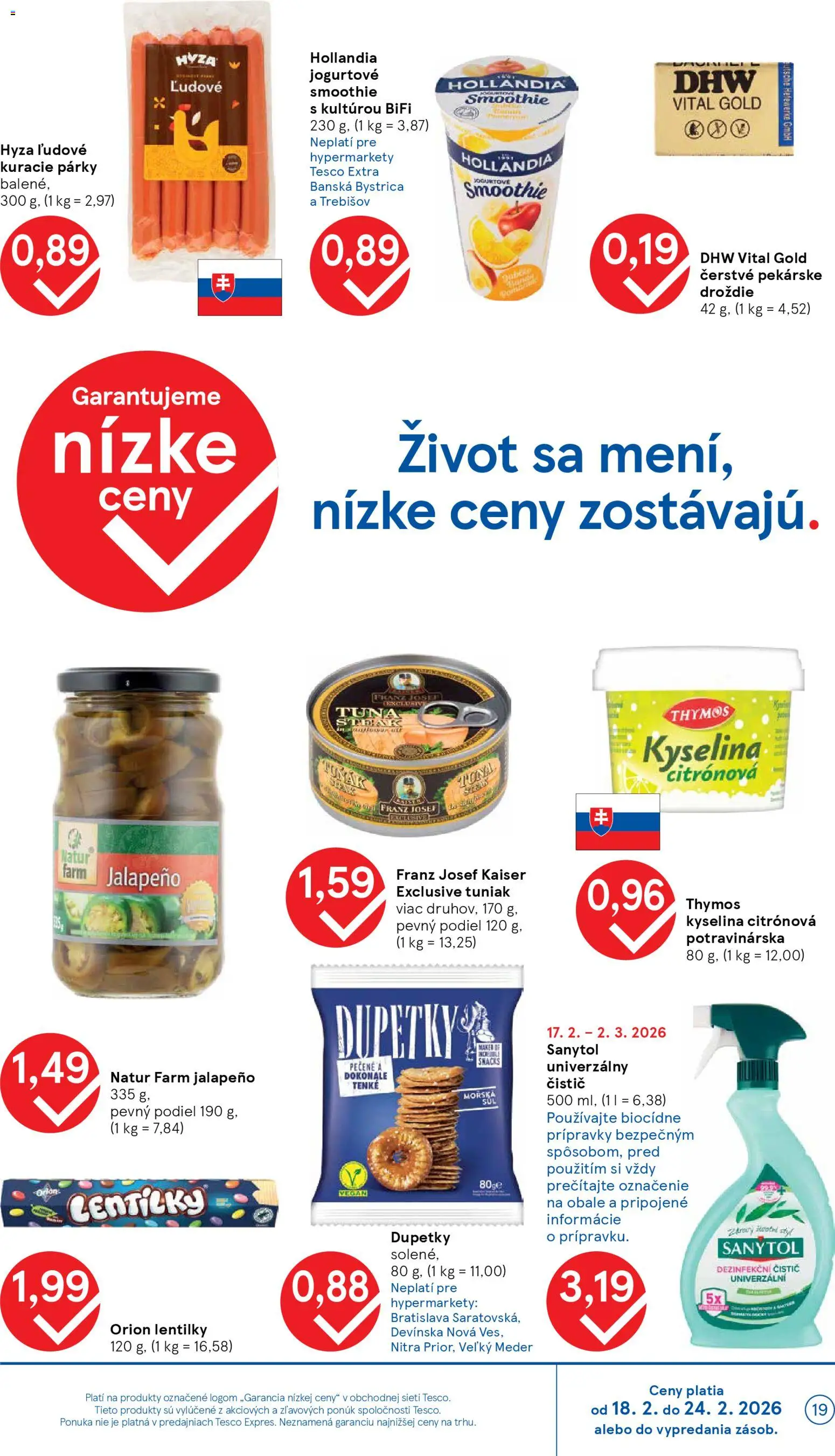 Nové Tesco akcie – leták je platný od 18.02.2026 | Strana: 19 | Produkty: Tuniak, Sanytol, Párky