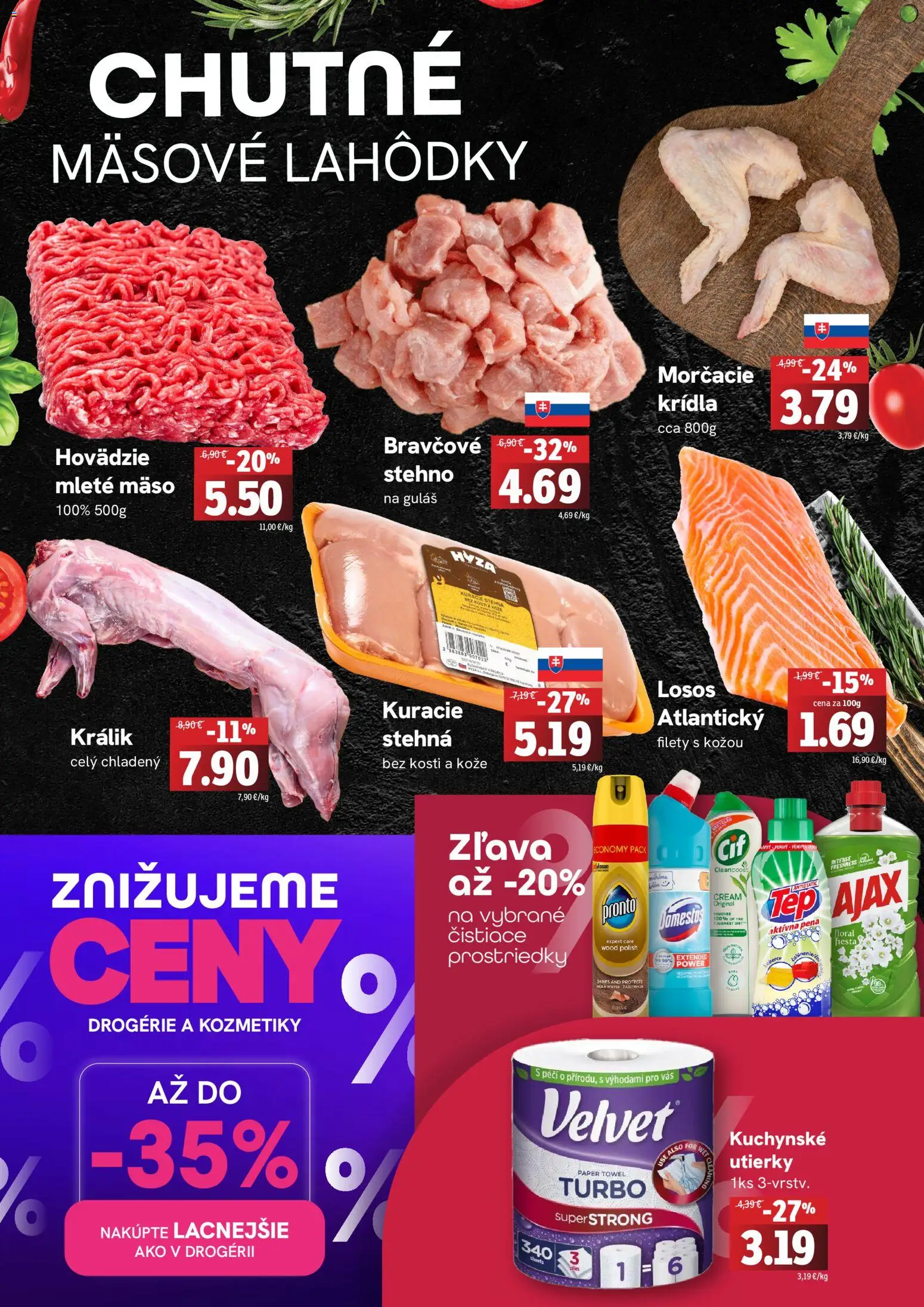 Nové Fresh akcie – leták je platný od 12.03.2026 | Strana: 2 | Produkty: Kuracie stehná, Losos, Mleté mäso, Koberce