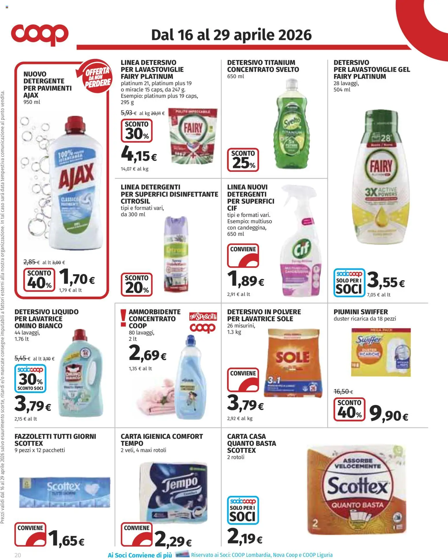 Volantino COOP del 16.04.2026 | Pagina: 20 | Prodotti: Carta igienica, Detersivo in polvere, Ammorbidente, Lavastoviglie