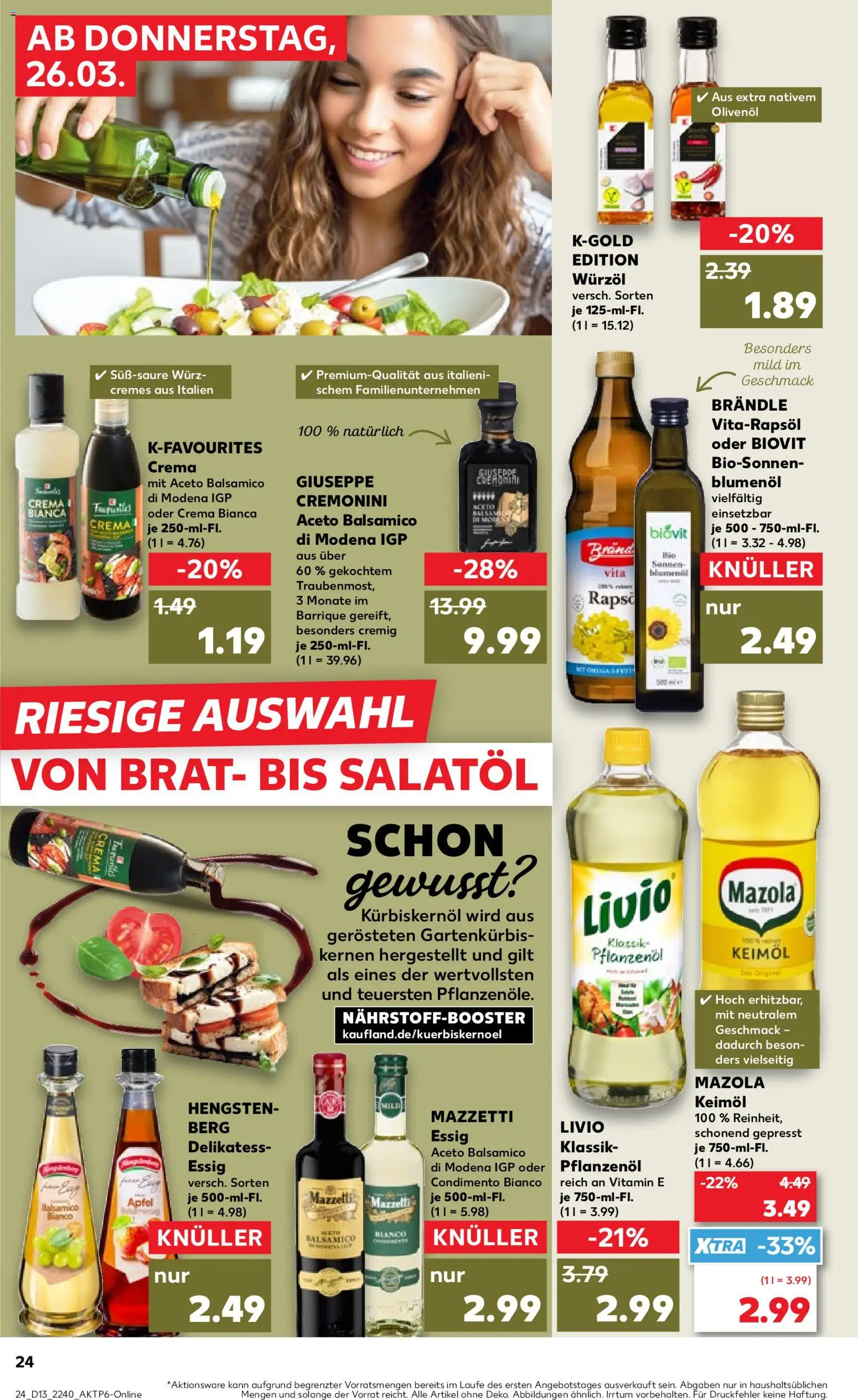 Kaufland Prospekt Stuttgart	 – gültig ab 26.03.2026 | Seite: 24 | Produkte: Kürbiskernöl, Balsamico, Essig, Olivenol