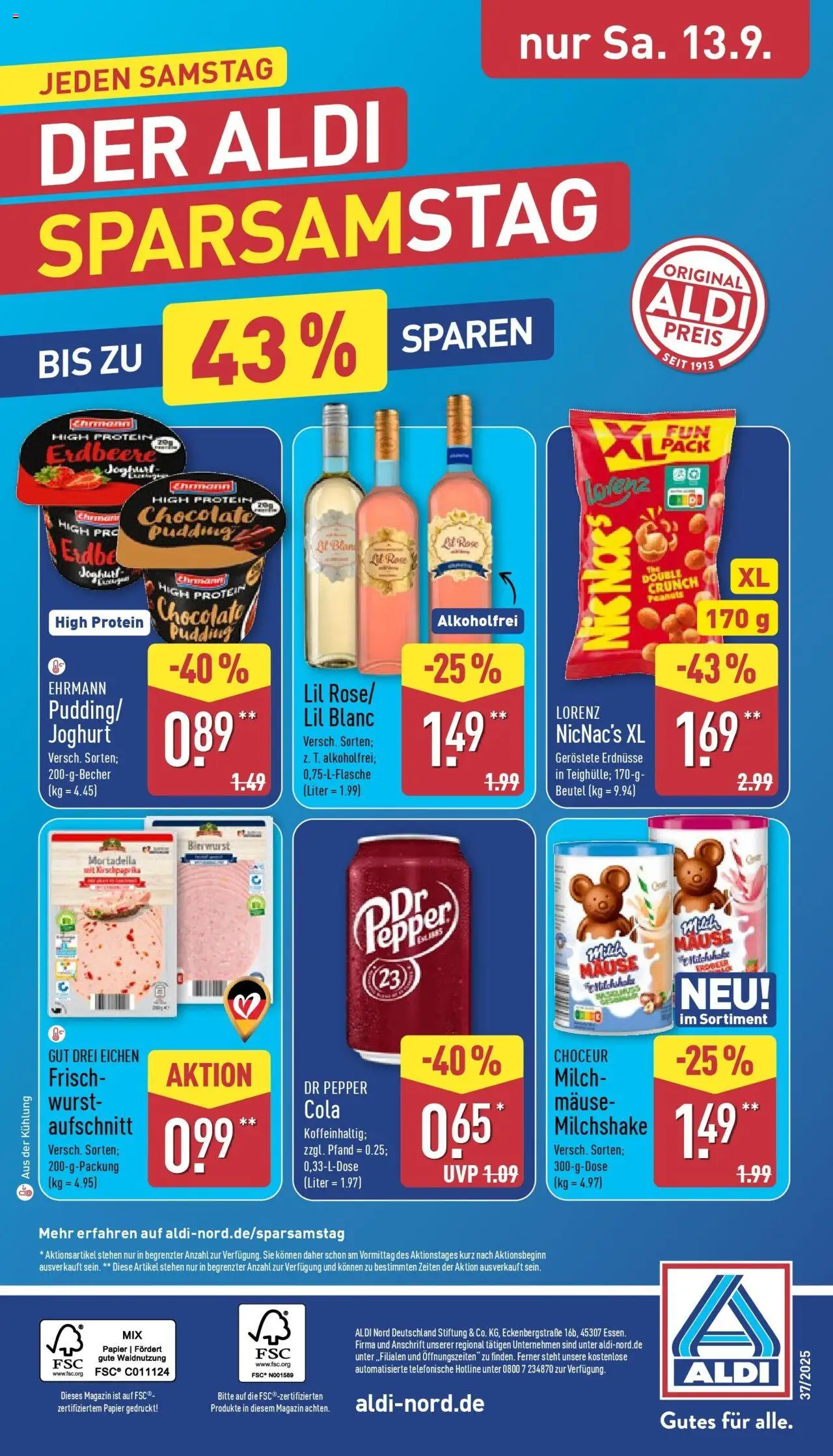 Aldi Prospekt Hildburghausen – gültig ab 07.09.2025 | Seite: 40 | Produkte: Erdnüsse, High protein pudding, Cola, Milch