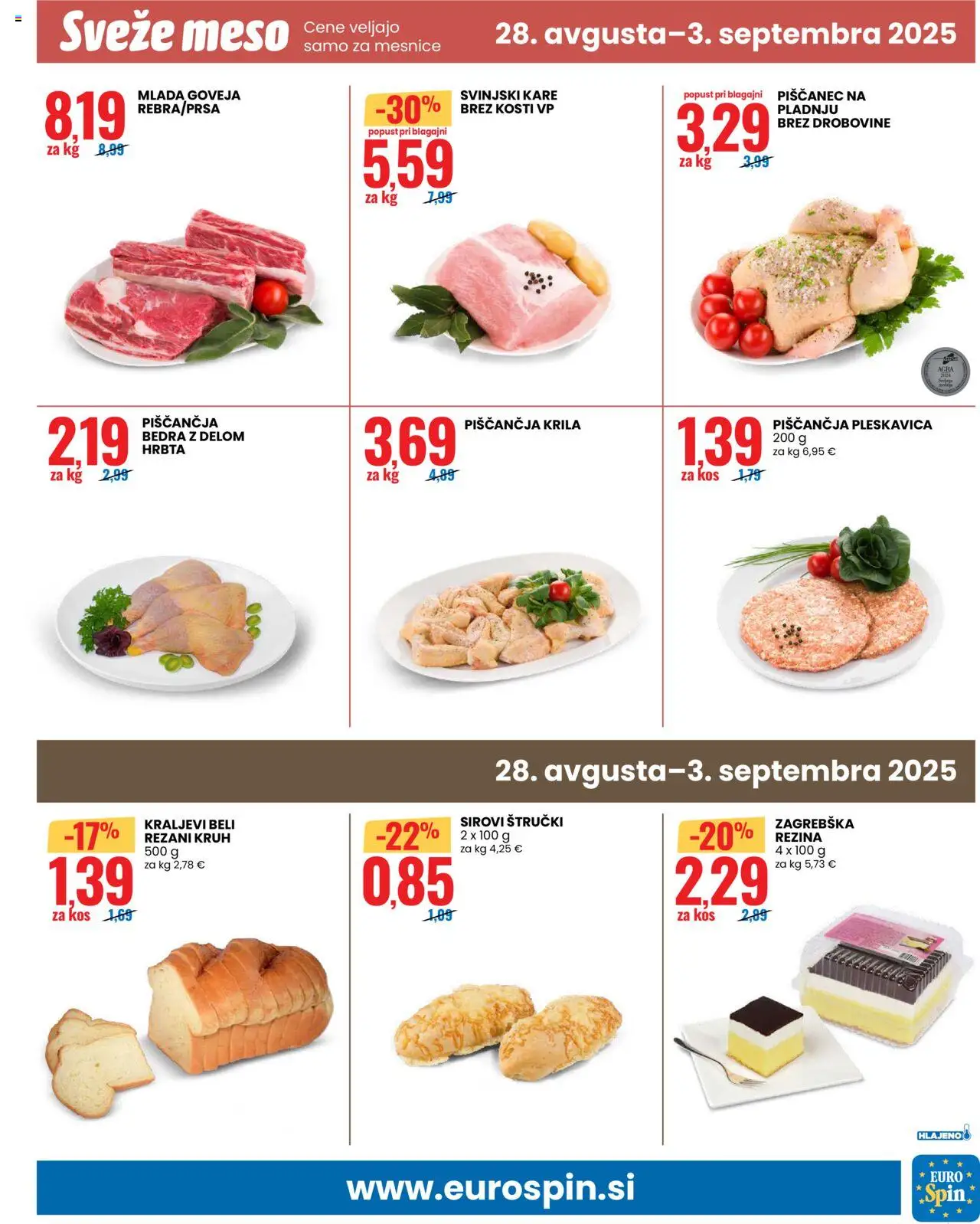 Eurospin katalog │ velja od 28.08.2025 | Stran: 13 | Izdelki: Piščančja bedra, Piščančja krila, Kos, Kruh