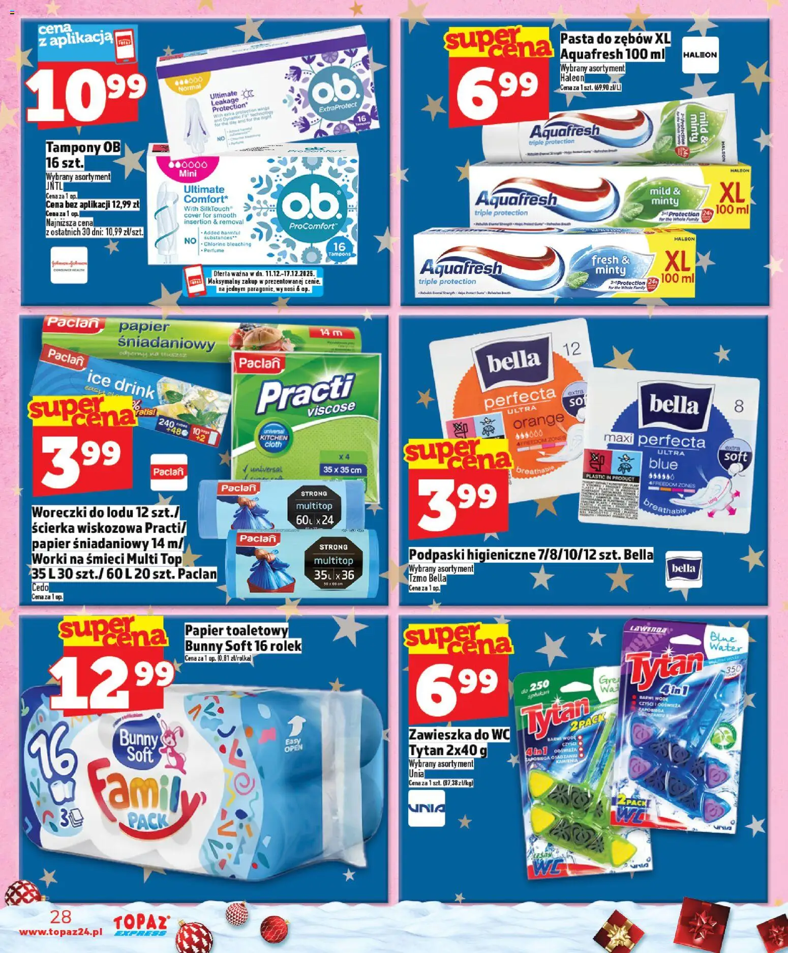 Topaz Gazetka - Express od 11.12.2025 | Strona: 28 | Produkty: Top, Woreczki do lodu, Pasta do zębów, Tampony ob