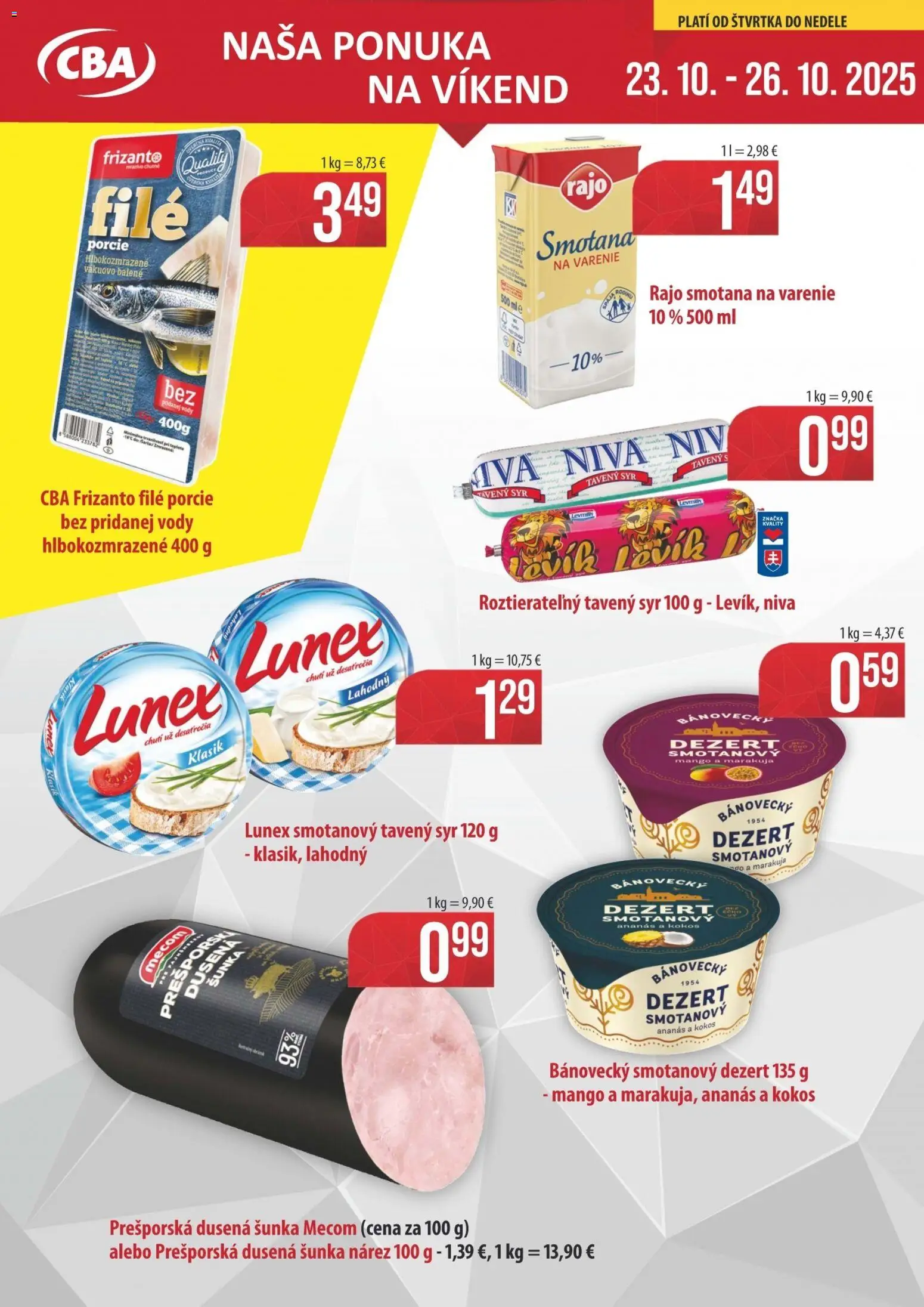 Nové Sintra akcie – leták je platný od 23.10.2025 | Strana: 1 | Produkty: Syr, Smotana, Ananás, Mango