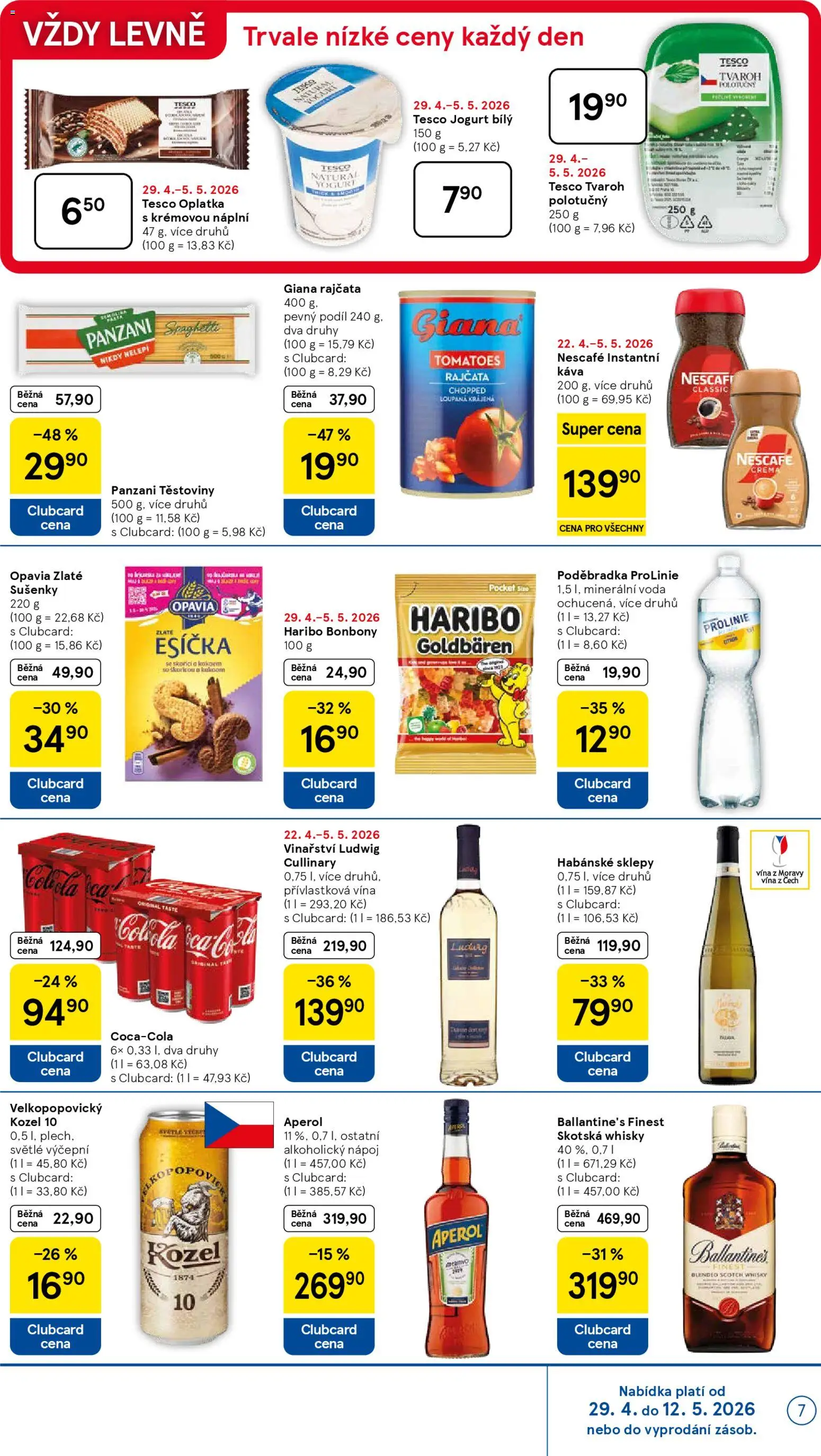 Tesco leták - Supermarket od 29.04.2026 | Strana: 7 | Produkty: Těstoviny, Bonbóny, Poděbradka ProLinie, Cottage