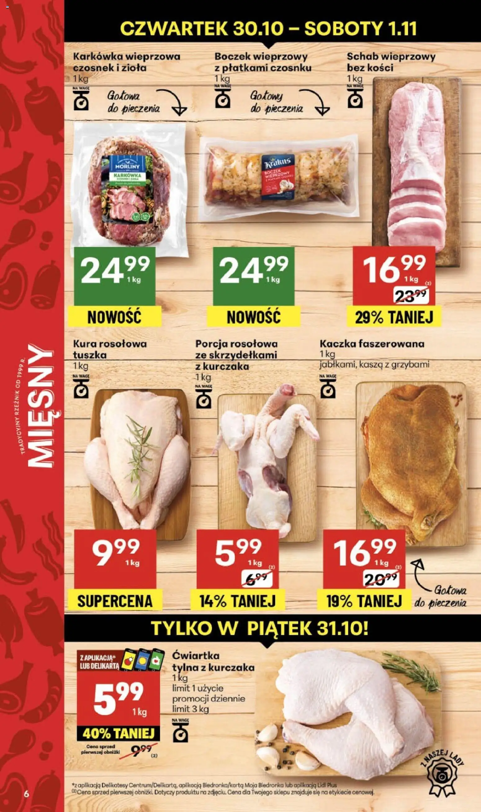 Delikatesy Centrum Gazetka od 30.10.2025 | Strona: 6 | Produkty: Karkówka, Schab wieprzowy, Boczek wieprzowy, Kaczka