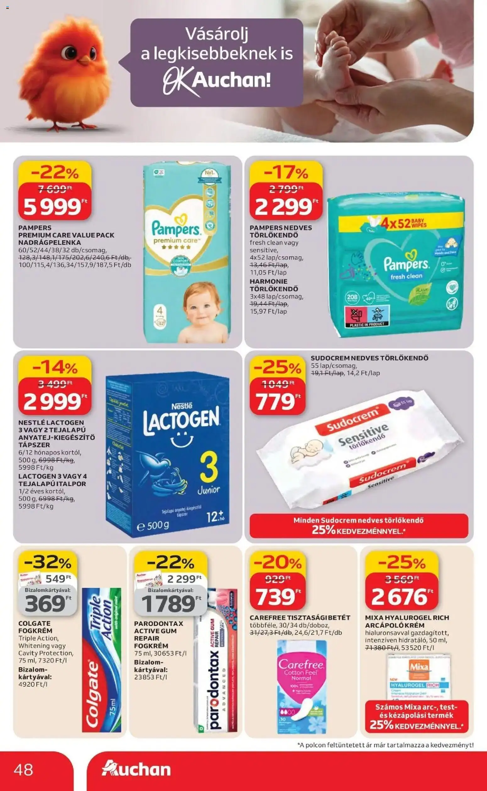 Auchan akciós ujság - amely érvényes a következő dátumtól: 19.03.2026 | Oldal: 48 | Termékek: Pampers, Tisztasági betét, Nedves törlőkendő, Fogkrém