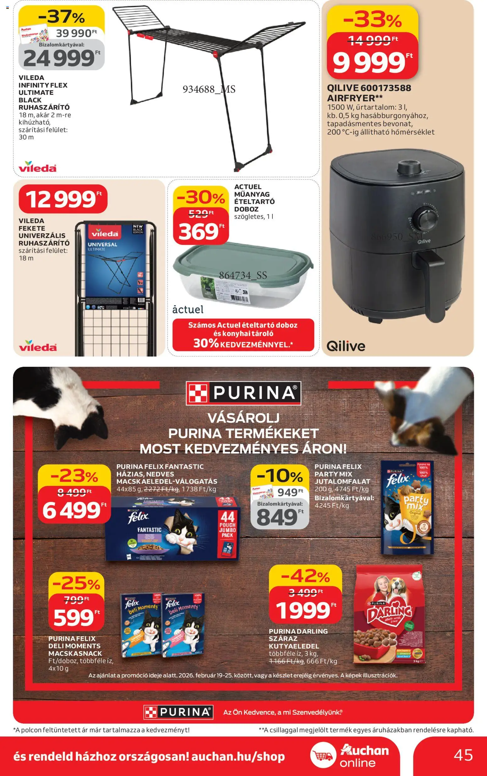 Auchan akciós ujság - amely érvényes a következő dátumtól: 19.02.2026 | Oldal: 45 | Termékek: Ételtartó, Kutyaeledel, Doboz, Vileda