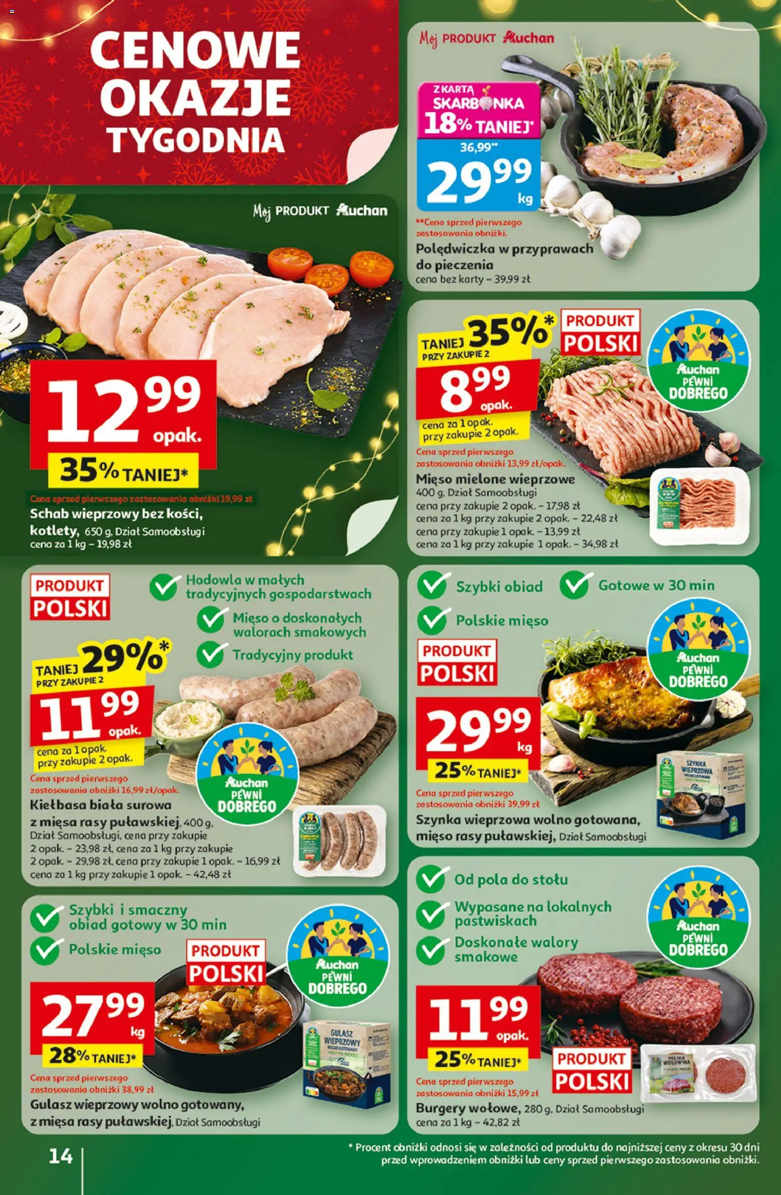 Auchan Gazetka - Święta jak babcię kocham Hipermarket od 11.12.2025 | Strona: 14 | Produkty: Kiełbasa, Schab, Szynka wieprzowa, Mięso mielone