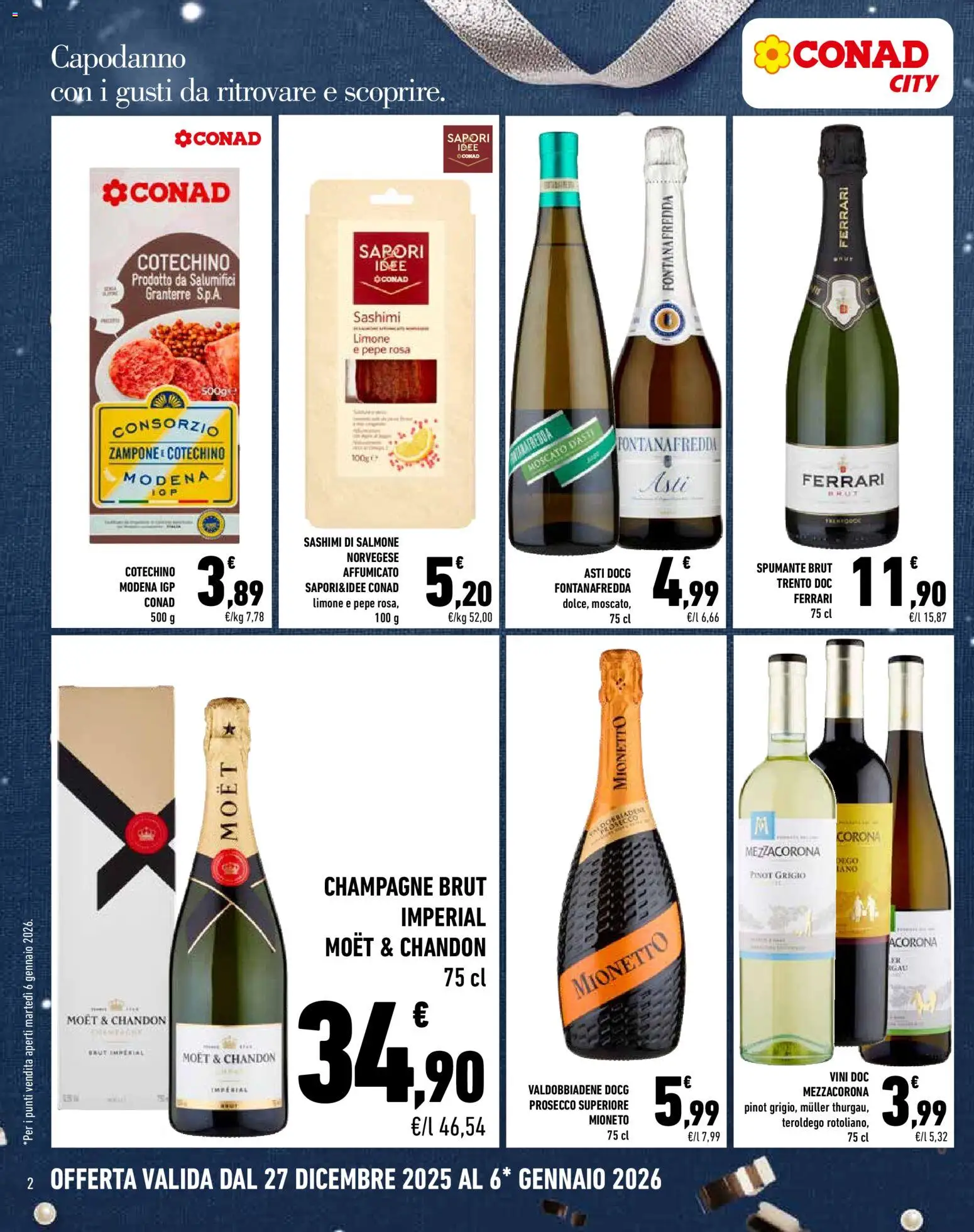Volantino Conad del 27.12.2025 | Pagina: 2 | Prodotti: Salmone, Prosecco, Pepe, Champagne