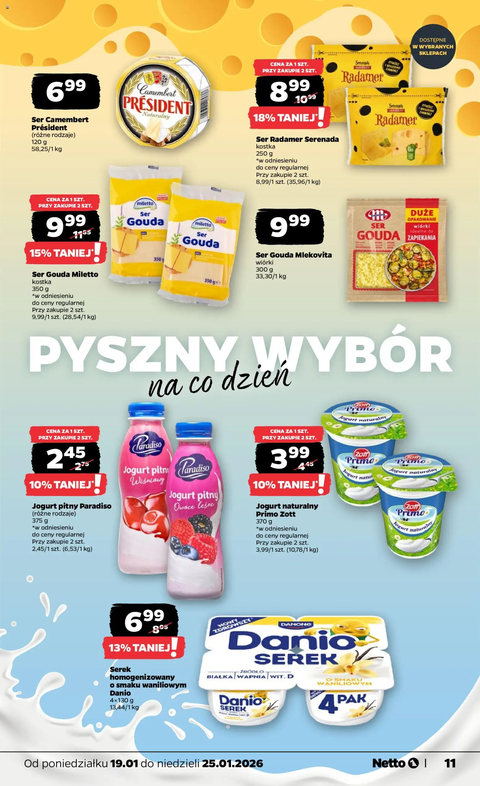 Netto gazetka - Spożywcza od 19.01.2026 | Strona: 11 | Produkty: Ser camembert, Jogurt pitny, Ser, Owoce