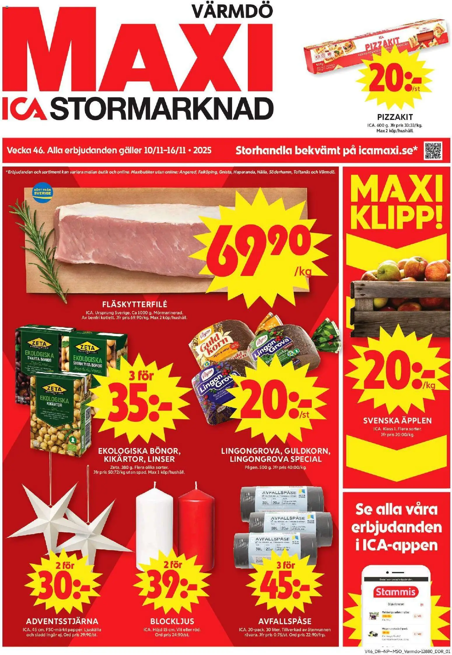 ICA Maxi reklamblad aktuell från 10.11.2025 | Sida: 1 | Produkter: Lingongrova, Galler, Äpplen, Bönor