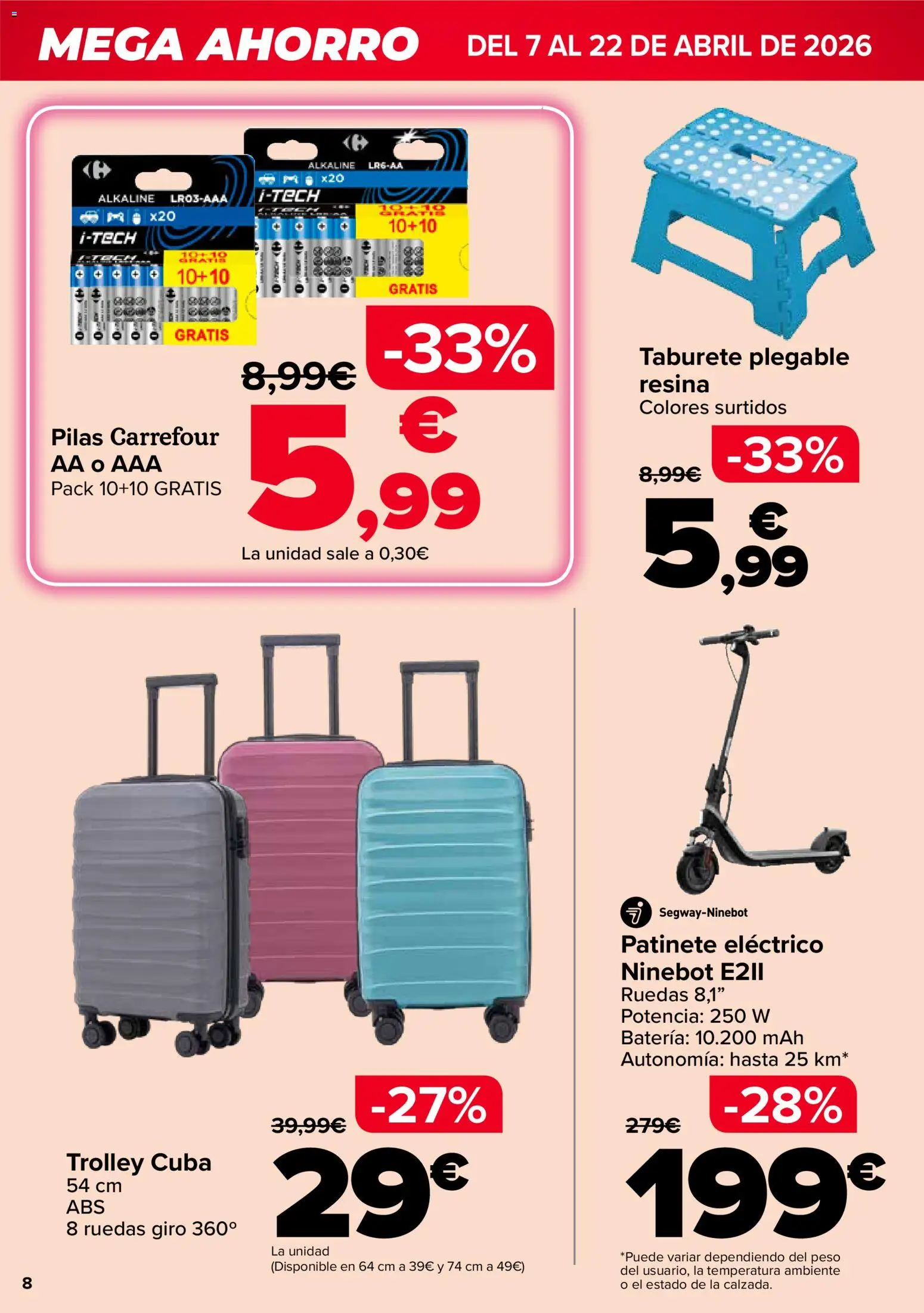 Carrefour Mega Ahorro │ válido desde el 07.04.2026 | Página: 8 | Productos: Patinete, Peso, Ελιές, Batería