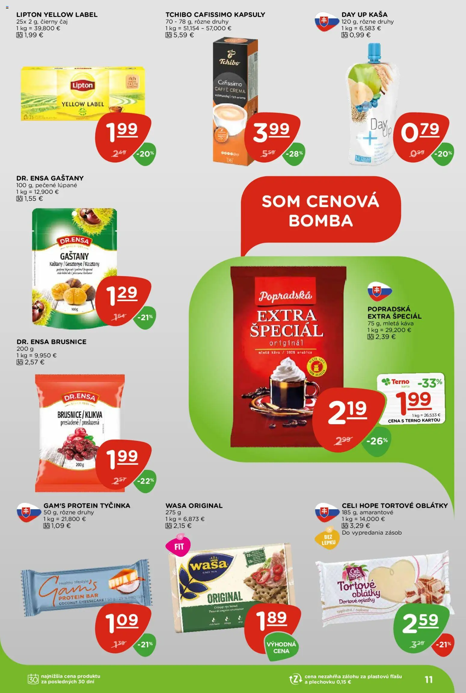 Nové Terno akcie – leták je platný od 19.03.2026 | Strana: 11 | Produkty: Gaštany, Káva, Čaj, Protein