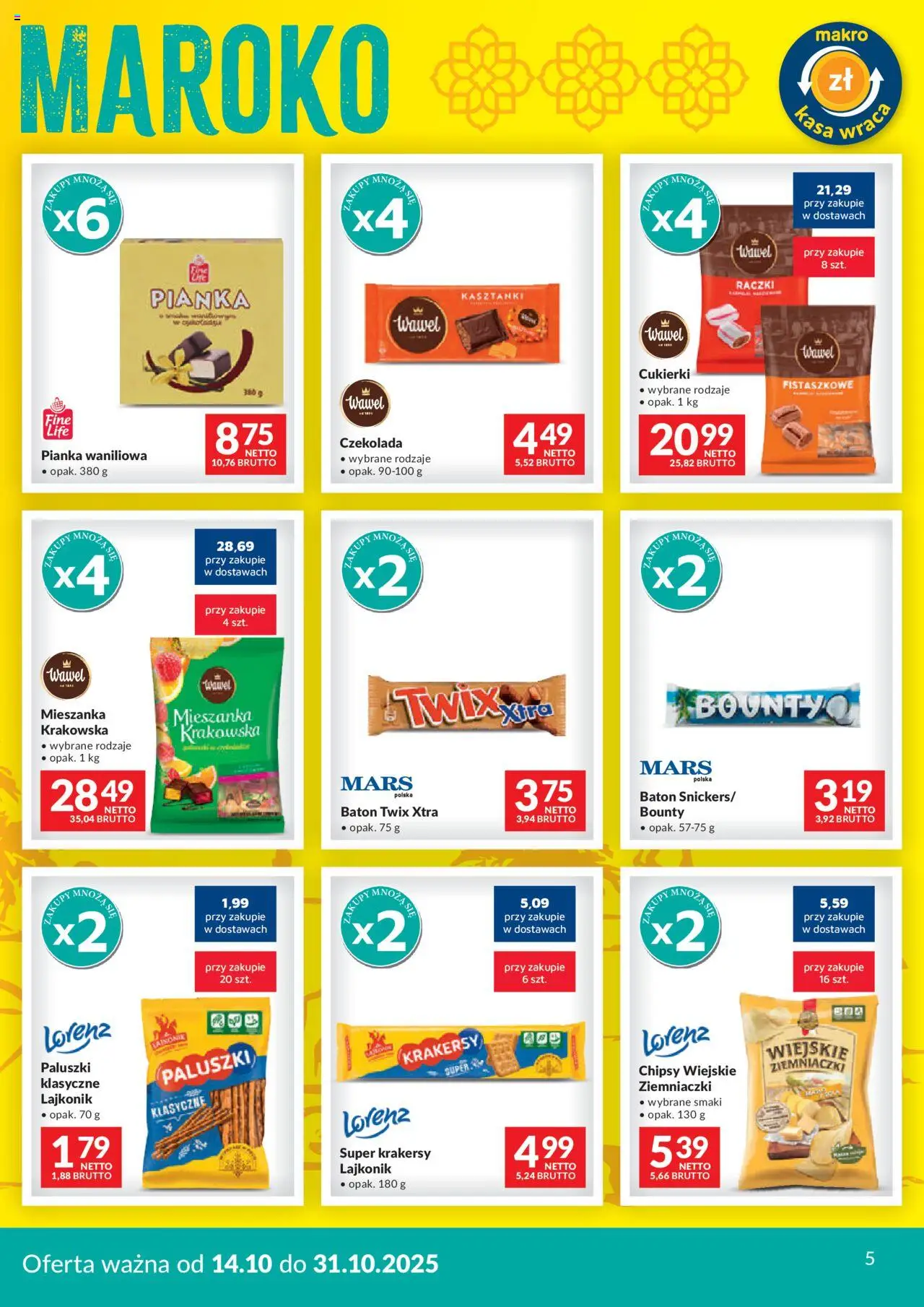 Makro Gazetka - Miej oko na maroko od 14.10.2025 | Strona: 5 | Produkty: Chipsy, Krakersy, Czekolada, Cukierki