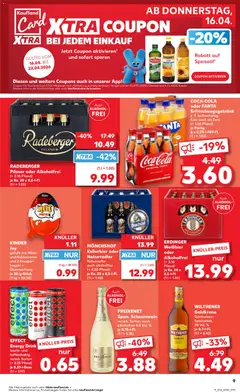 RADEBERGER Pilsner, Pilsner oder Alkoholfrei (+ 3.10 Pfand) je Ka. 20 x 0,5-I-FI. ab 16.04.2026 gültig | Seite: 9 | Produkte: Erdinger, Wilthener, Weißbier, Kinder joy