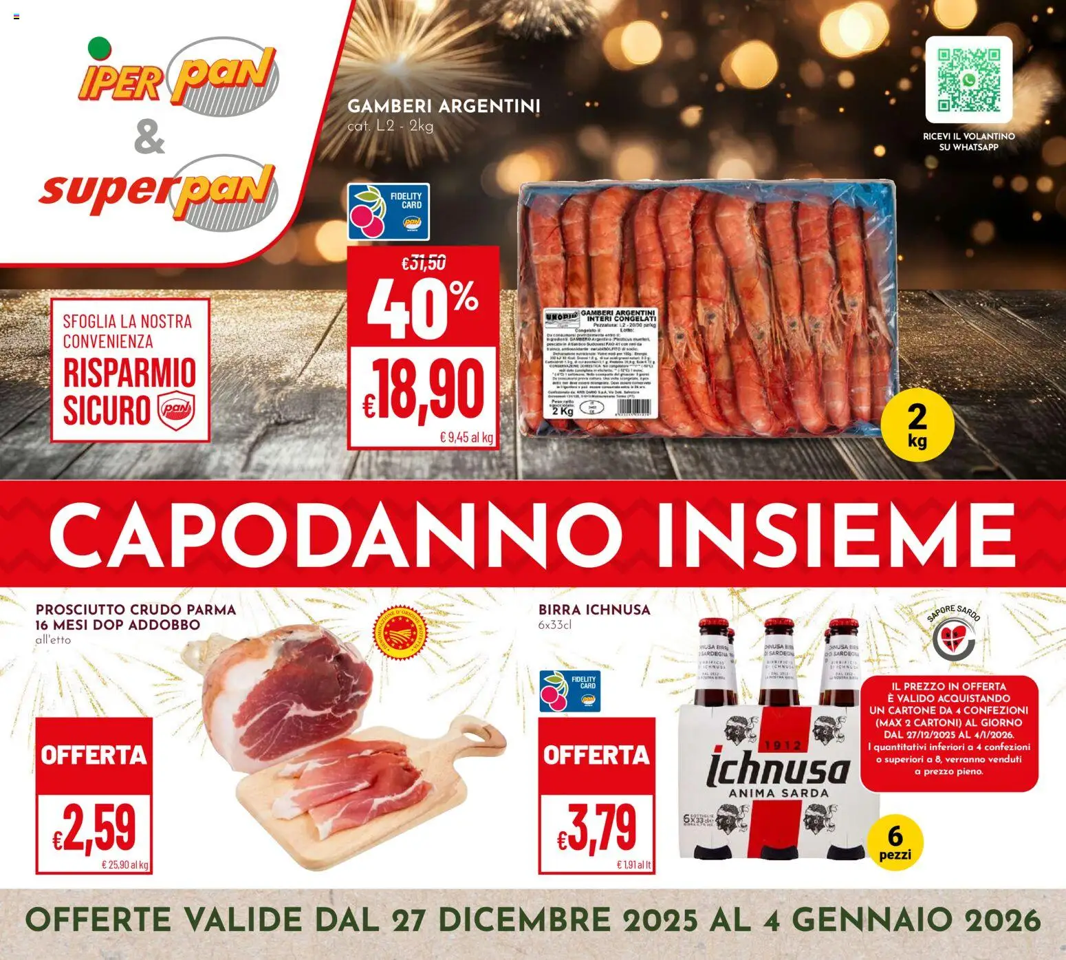 Volantino Pan del 27.12.2025 | Pagina: 1 | Prodotti: Prosciutto Crudo, Birra, Gamberi, Prosciutto