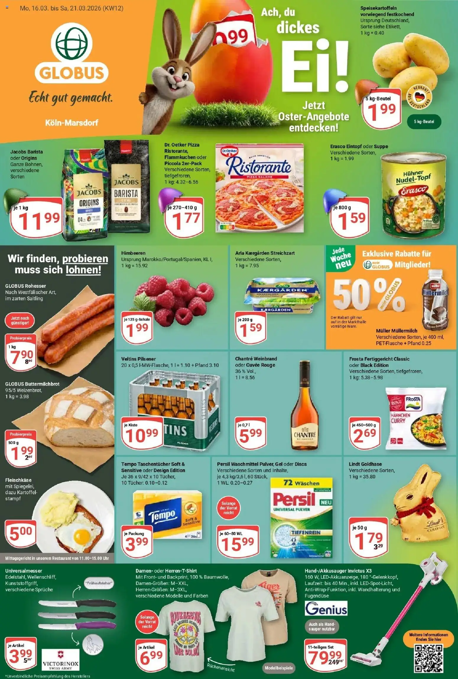 Globus prospekt Köln	 – gültig ab 16.03.2026 | Seite: 1 | Produkte: Hahnchen, Chantré, Tempo, Uhr