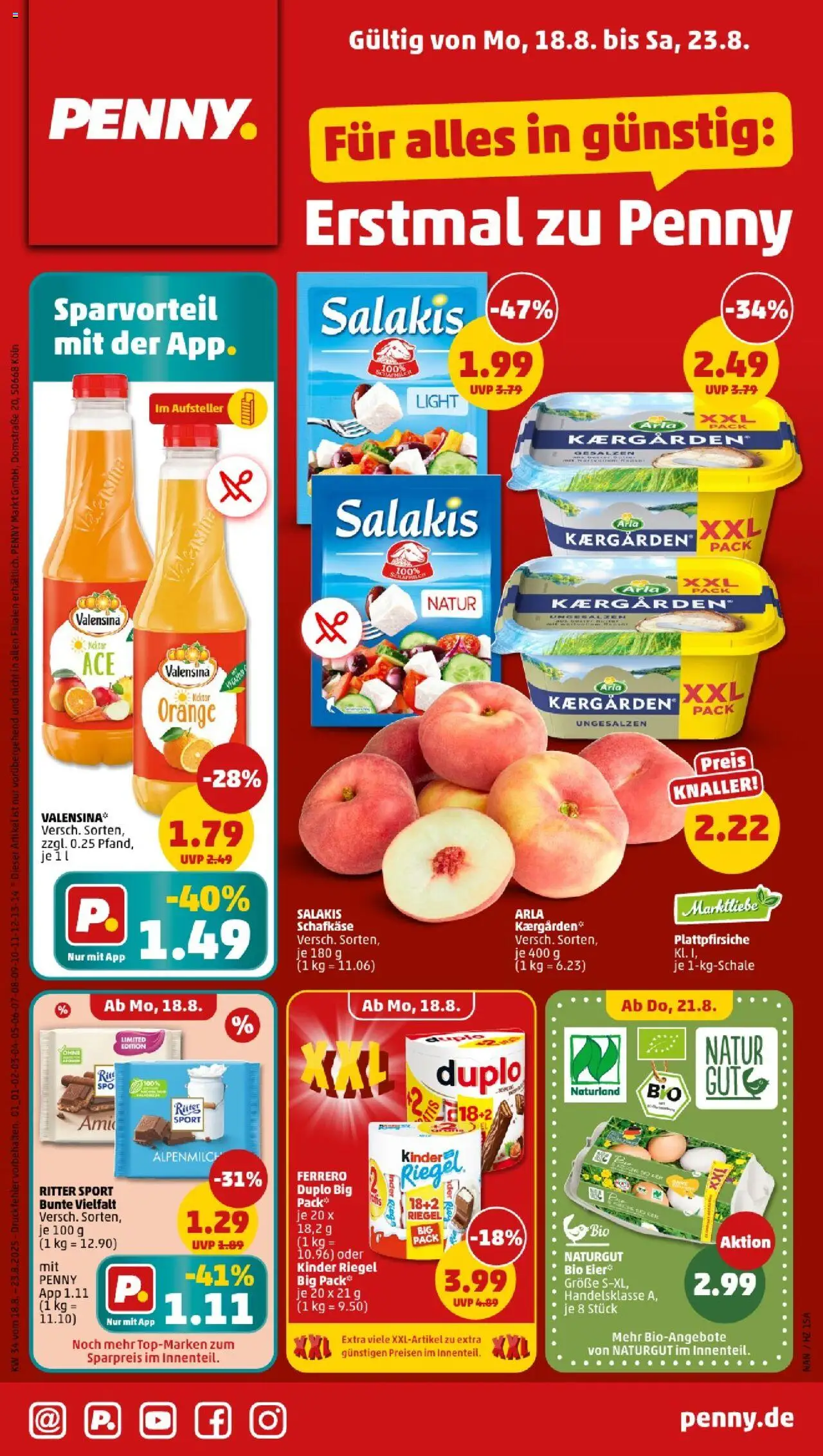 Penny - Saarland - gültig ab dem 18.08.2025 | Seite: 1 | Produkte: Ritter sport, Kinder riegel, Valensina, Salakis