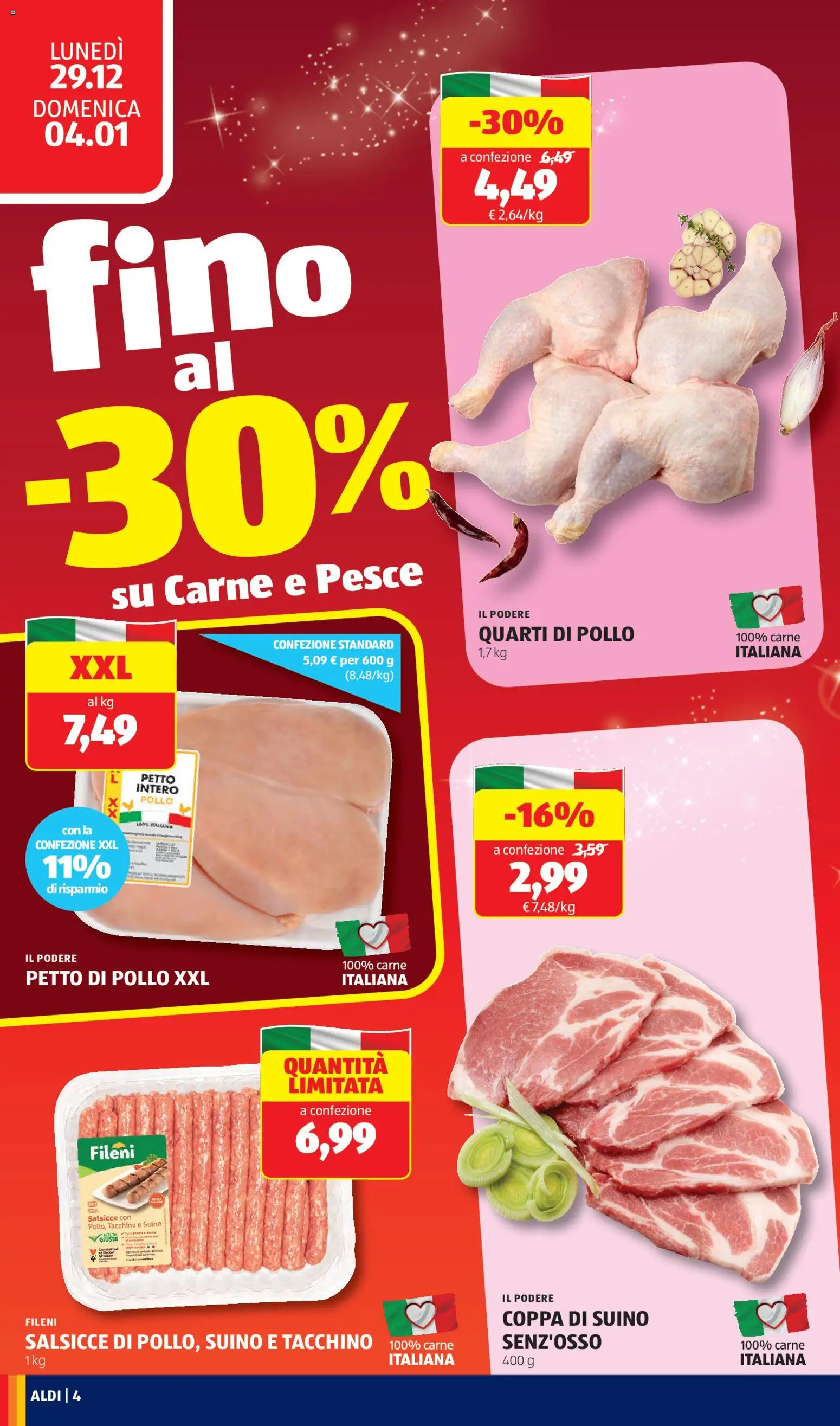 Volantino Aldi del 29.12.2025 | Pagina: 4 | Prodotti: Petto di Pollo, Pesce, Suino, Tacchino