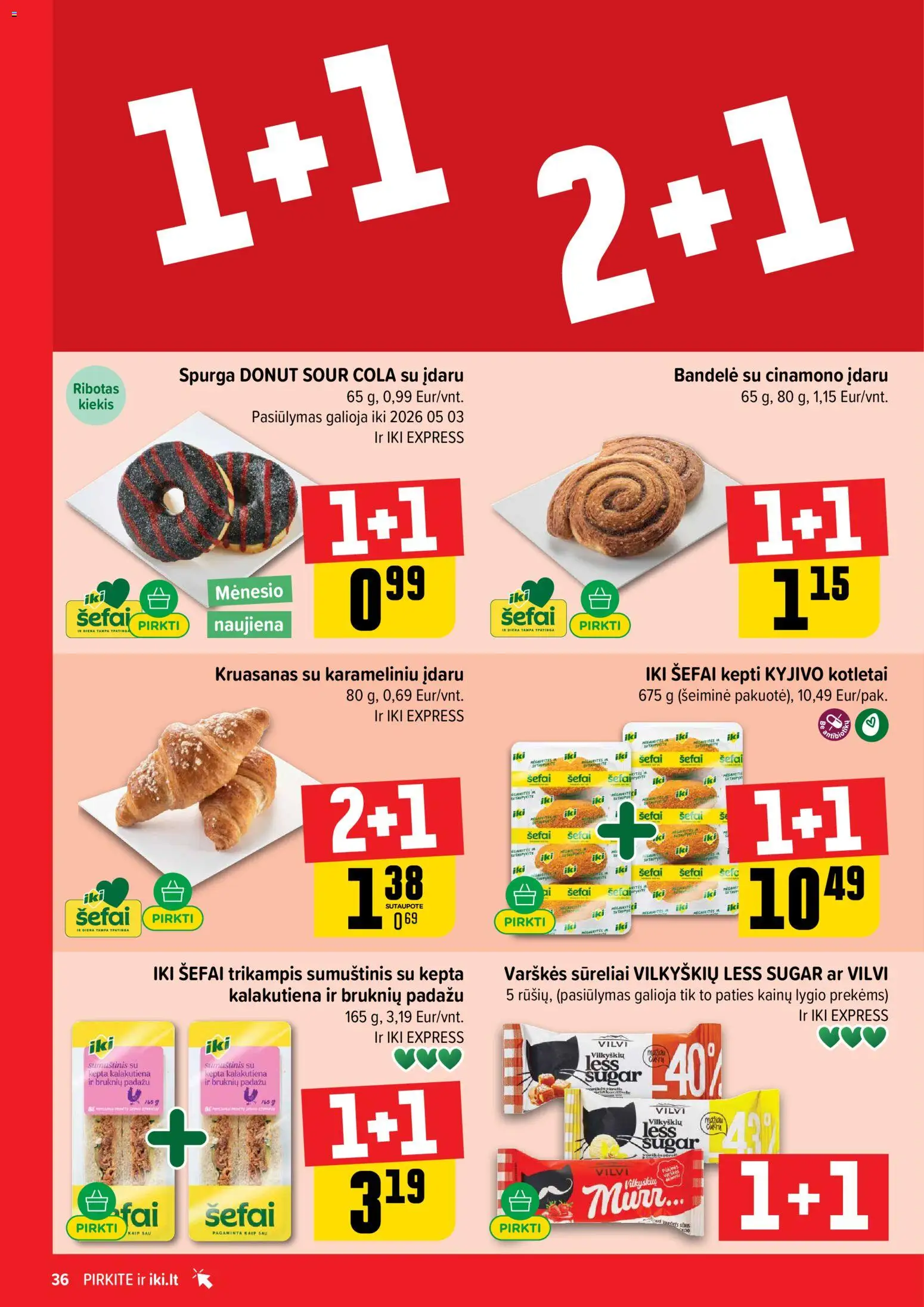 IKI akcijos nuo 13.04.2026 | Puslapis: 36 | Prekių: Spurga, Bandelė, Sumuštinis