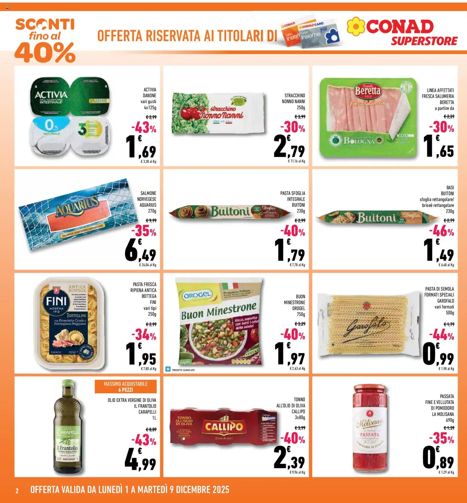 Volantino Conad del 01.12.2025 | Pagina: 2 | Prodotti: Olive, Tonno, Stracchino, Olio extra vergine