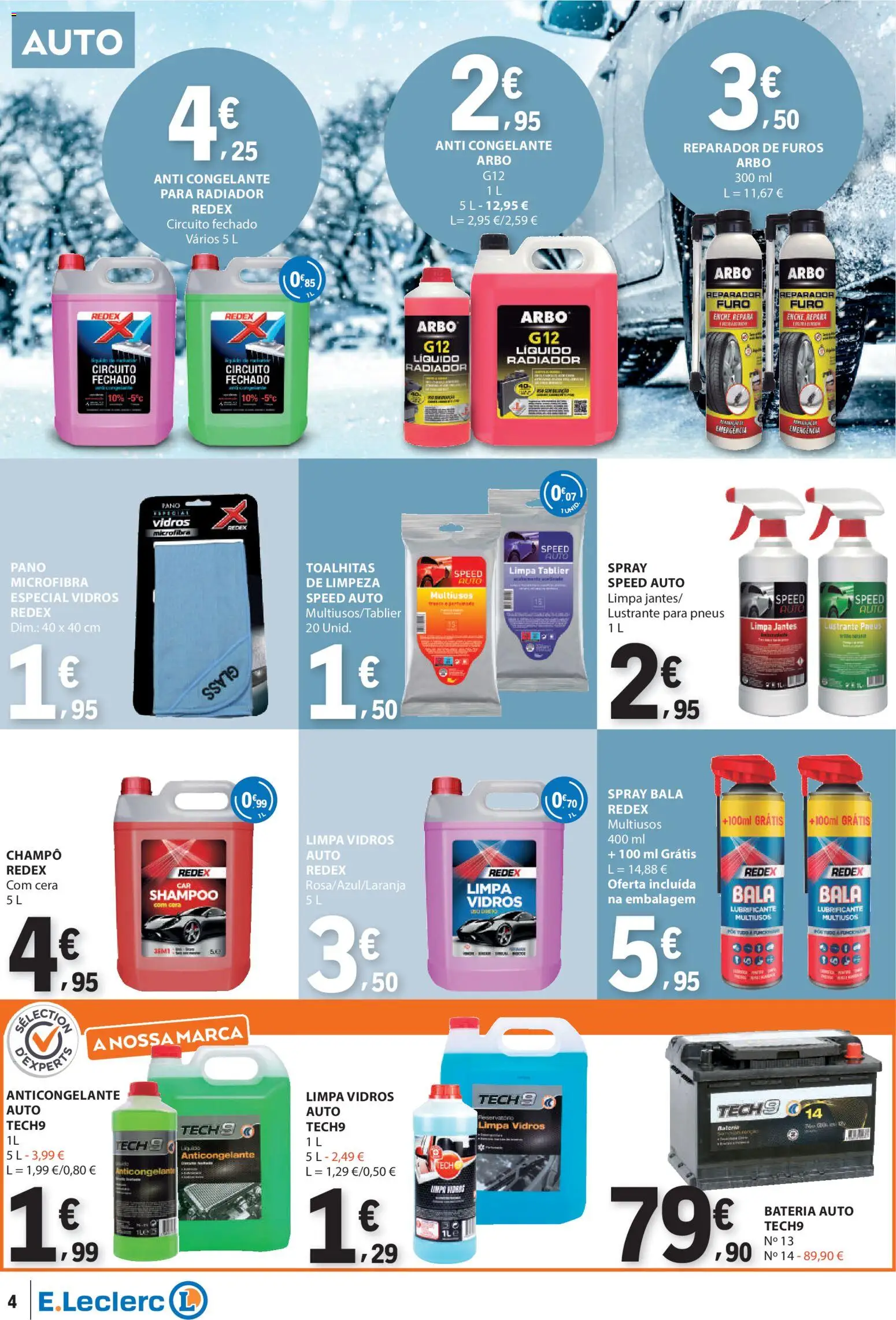 E.Leclerc Não Alimentar │ válido de 18.12.2025 | Página: 4 | Produtos: Cera, Limpa vidros, Radiador, Bateria