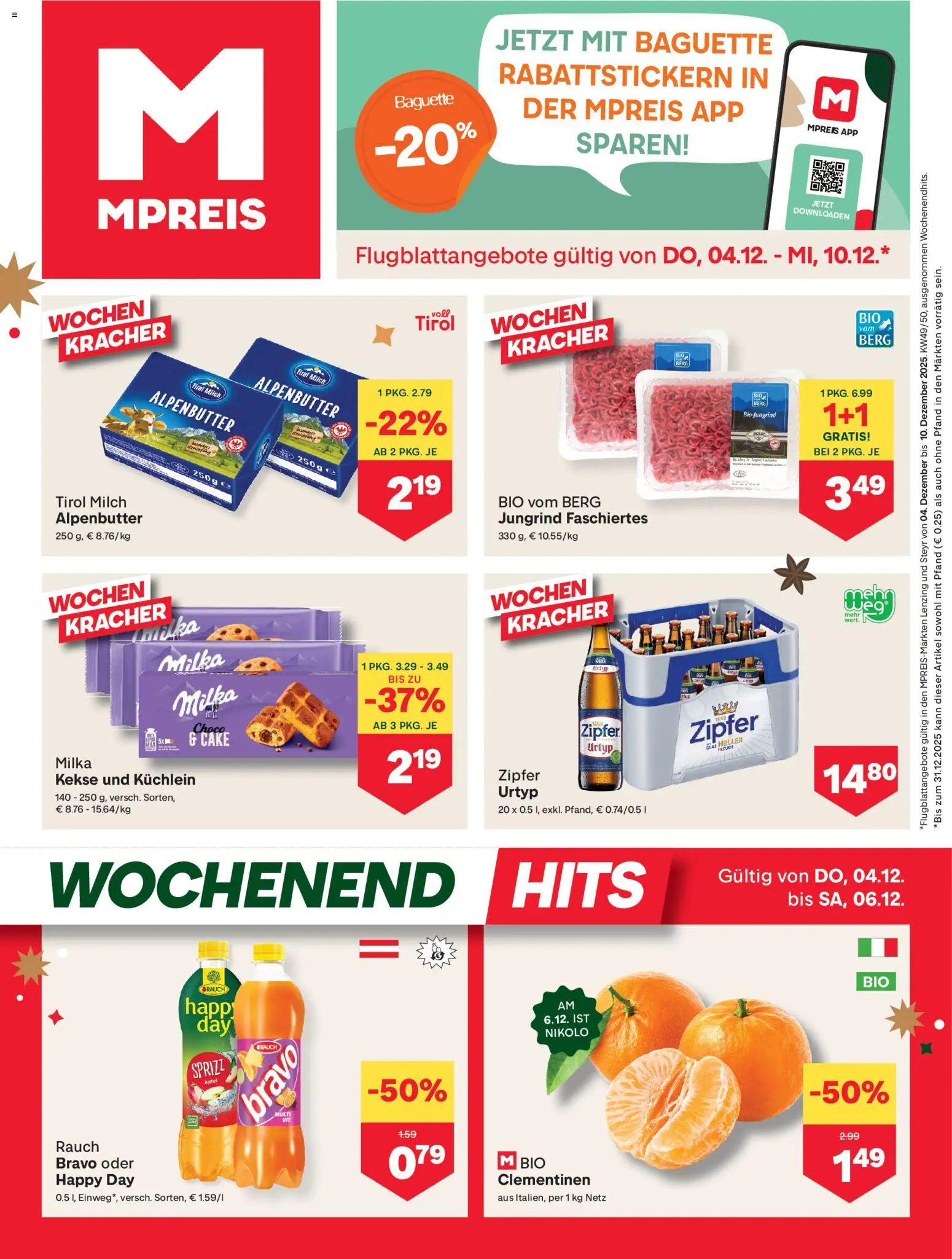 MPREIS Lenzing gültig ab 04.12.2025 | Seite: 1 | Produkte: Kekse, Jääkaappipakastin, Milch, Äpfel