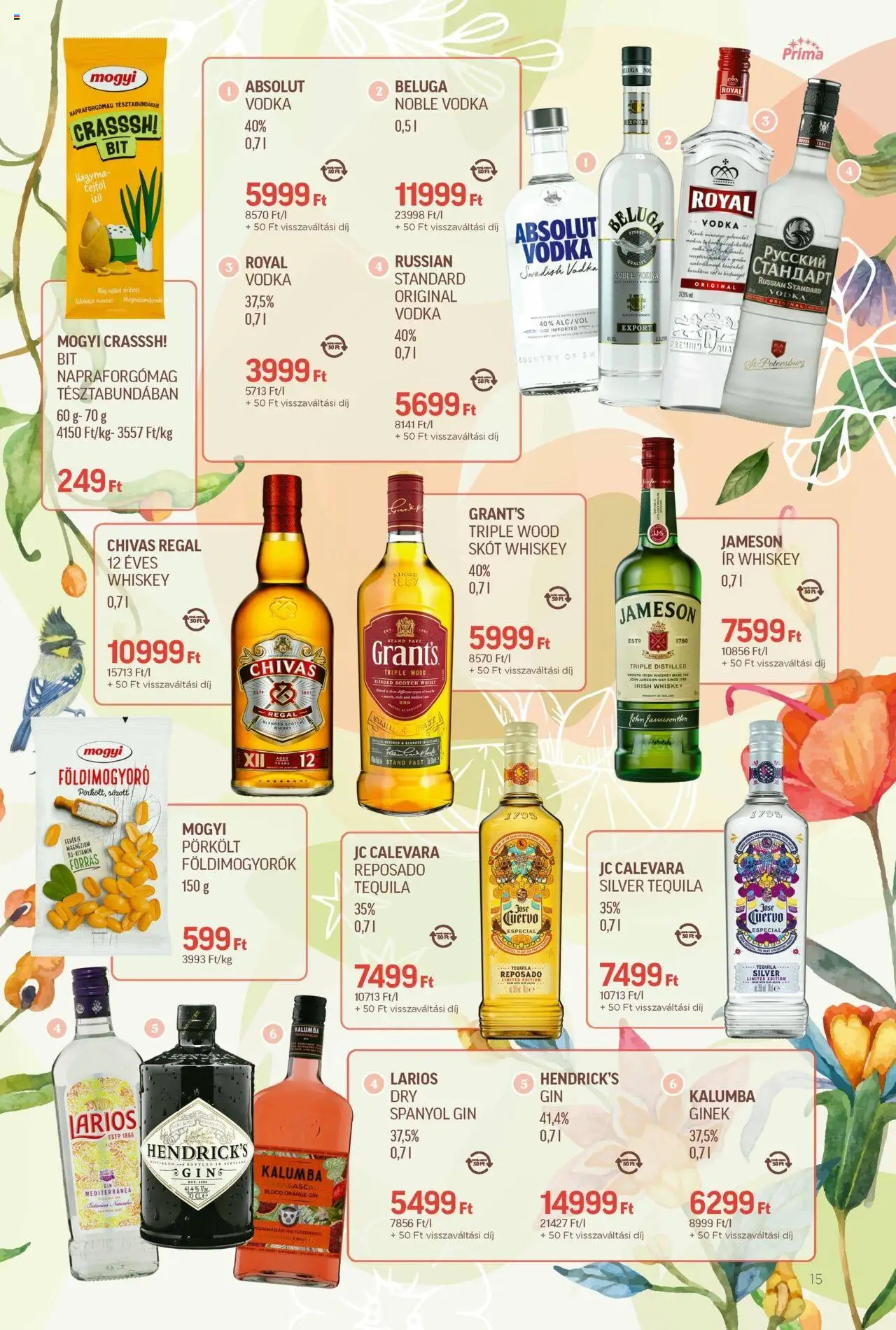 CBA Príma akciós ujság - amely érvényes a következő dátumtól: 19.05.2025 | Oldal: 15 | Termékek: Napraforgómag, Gin, Whisky, Hagyma
