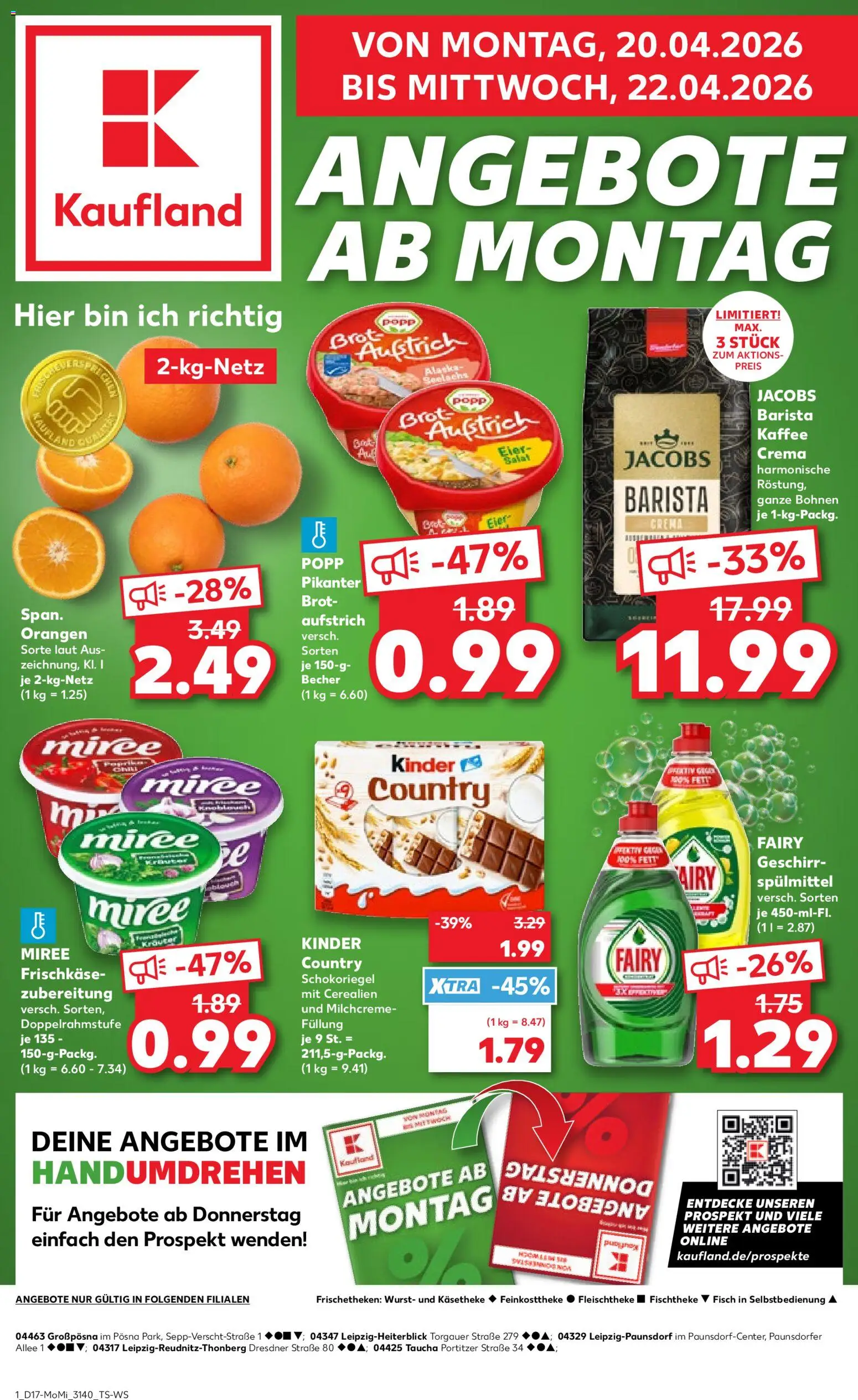 Kaufland Prospekt Leipzig	 – gültig ab 20.04.2026 | Seite: 1 | Produkte: Eier, Orangen, Geschirrspülmittel, Frischkase